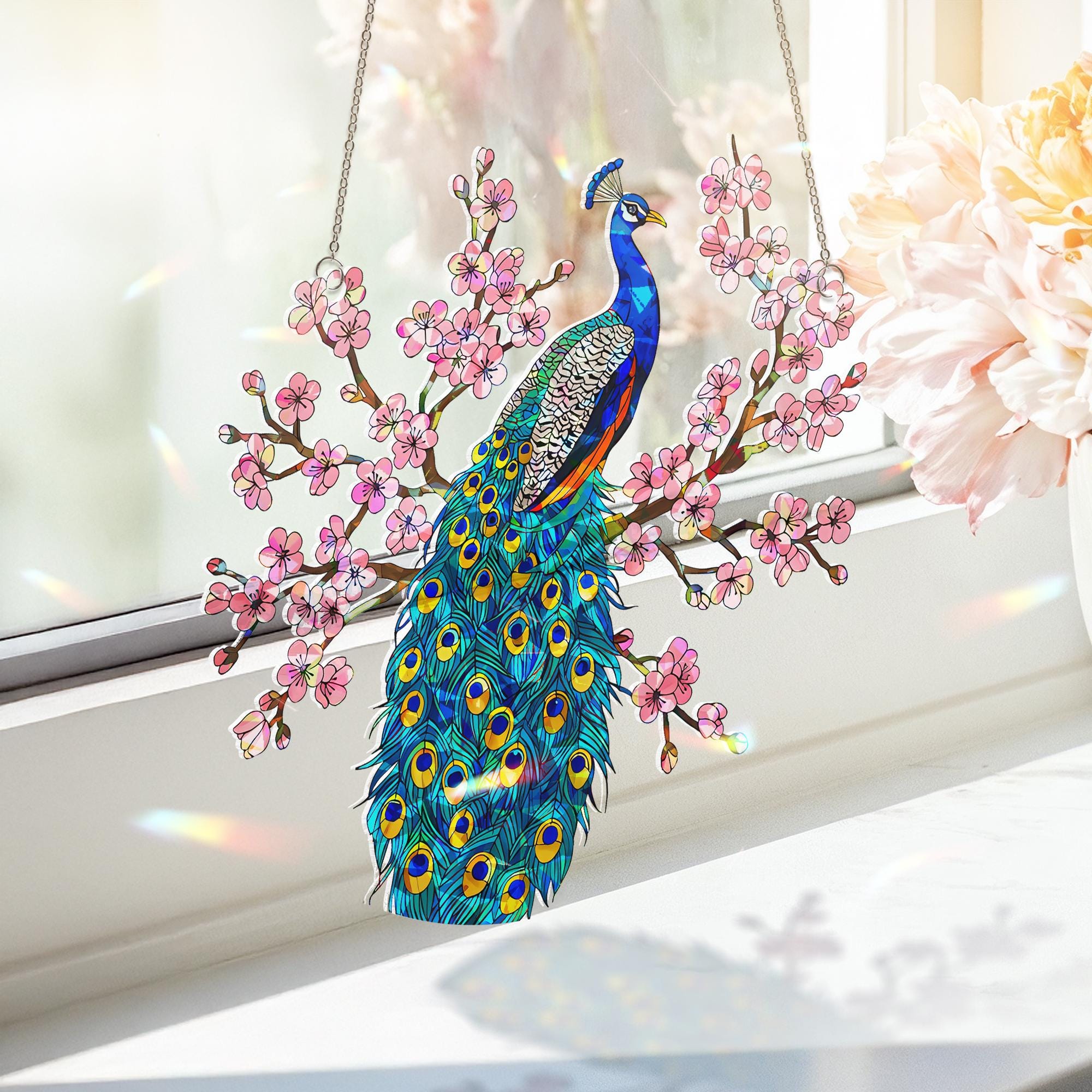 Peacock on Cherry Blossom Branch Acrylic Hologram, Iridescent Wall Art, Mother's Day Gift, Elegant Bird Decor, Nature Gift, Gift For Mom