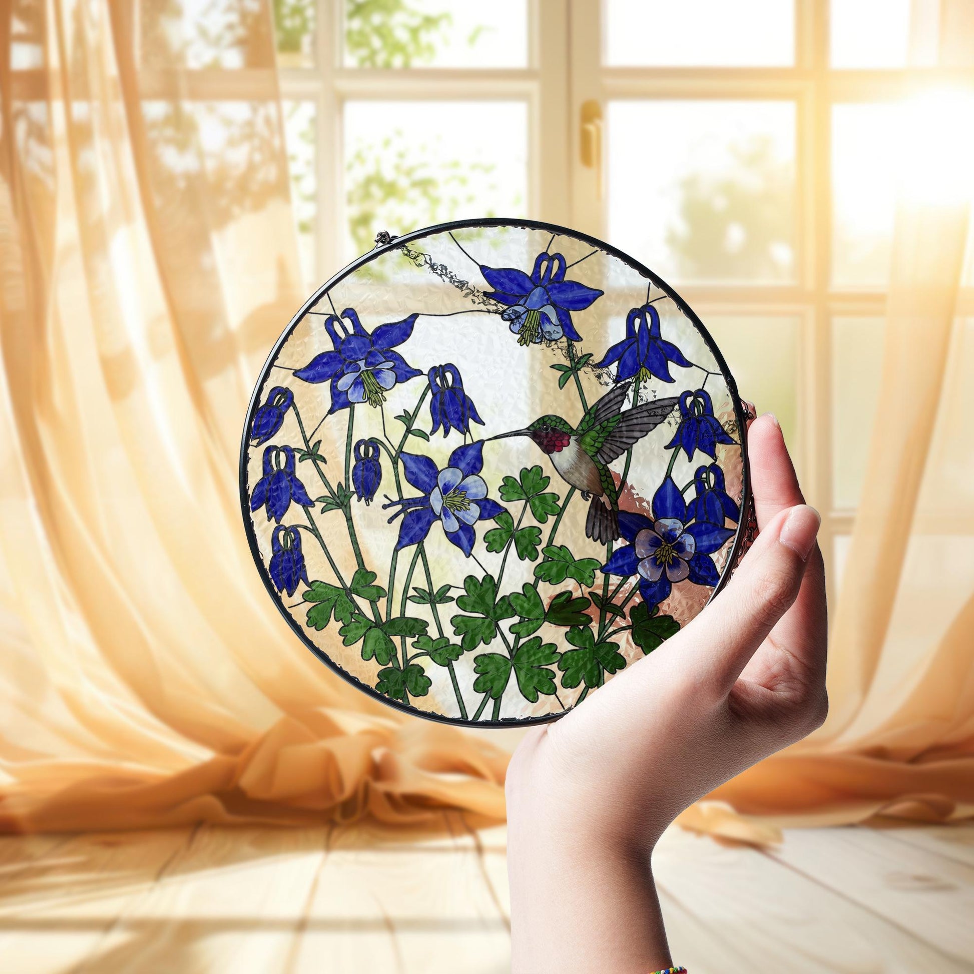 Hummingbird and Blue Columbine Flower Glass Suncatcher | Mother’s Day Gift for Mom or Grandma | Floral Window Hanging Garden Decor