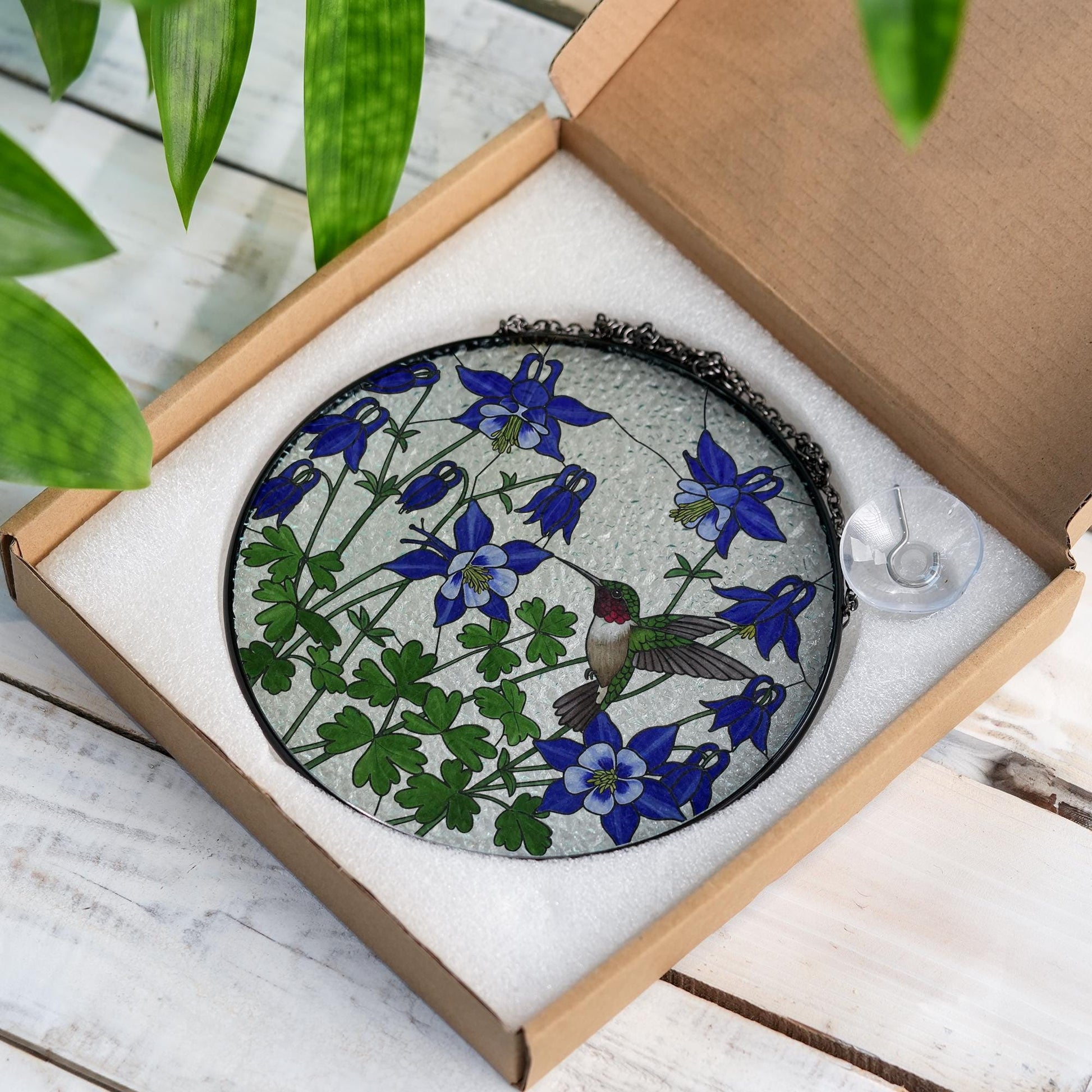 Hummingbird and Blue Columbine Flower Glass Suncatcher | Mother’s Day Gift for Mom or Grandma | Floral Window Hanging Garden Decor