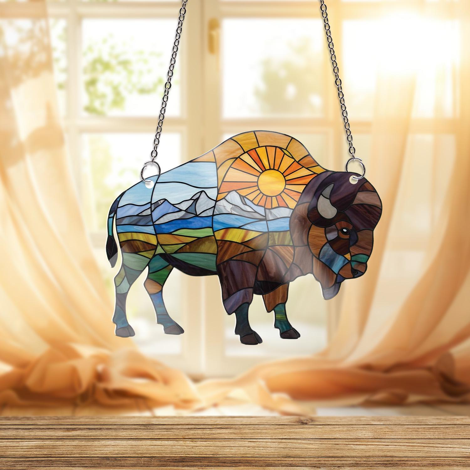 Bison in Nature Field with Sun ACRYLIC Window Hanging – Perfect Gift for Dad, Stunning Wildlife & Nature Decor, Father's Day Window Art