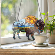 Bison in Nature Field with Sun ACRYLIC Window Hanging – Perfect Gift for Dad, Stunning Wildlife & Nature Decor, Father's Day Window Art