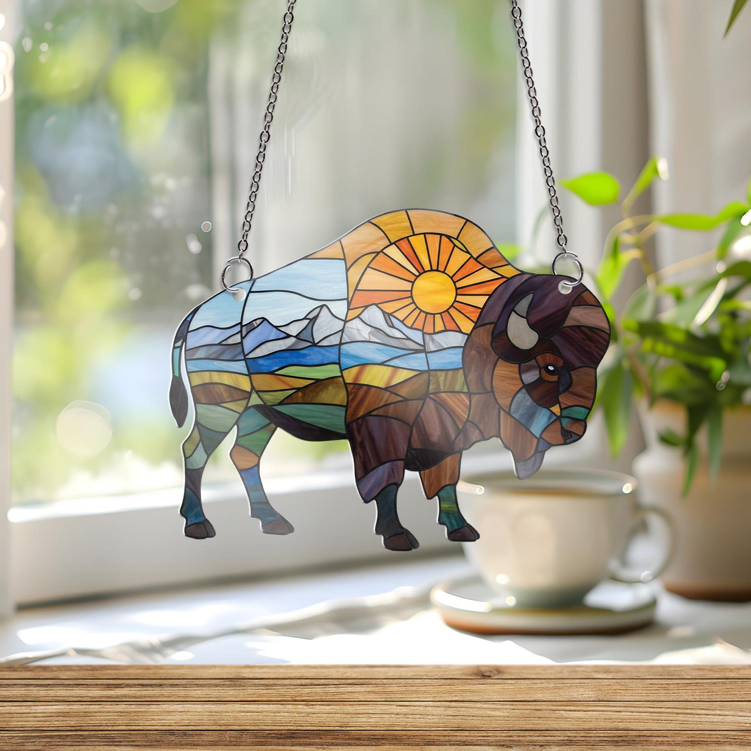 Bison in Nature Field with Sun ACRYLIC Window Hanging – Perfect Gift for Dad, Stunning Wildlife & Nature Decor, Father's Day Window Art