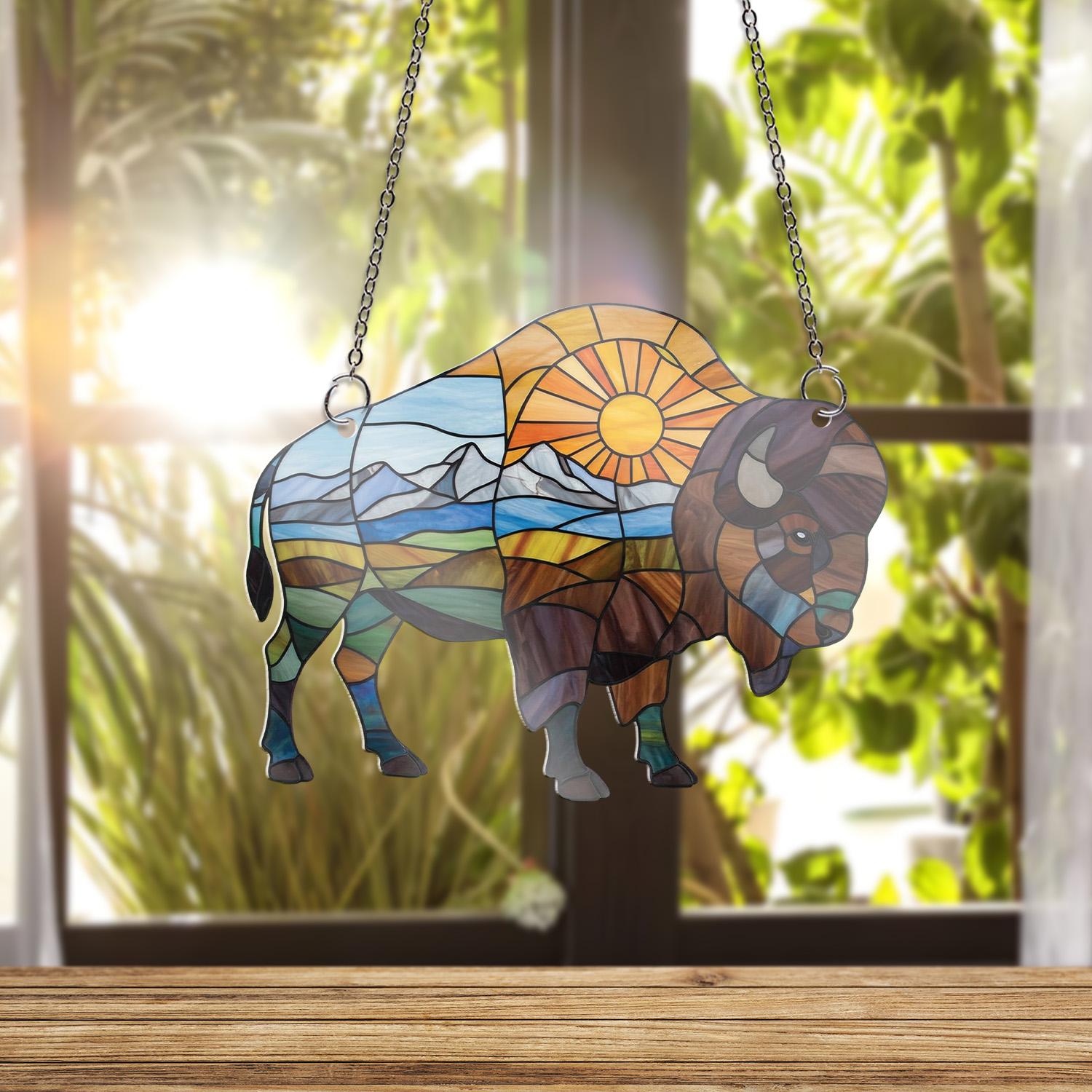 Bison in Nature Field with Sun ACRYLIC Window Hanging – Perfect Gift for Dad, Stunning Wildlife & Nature Decor, Father's Day Window Art