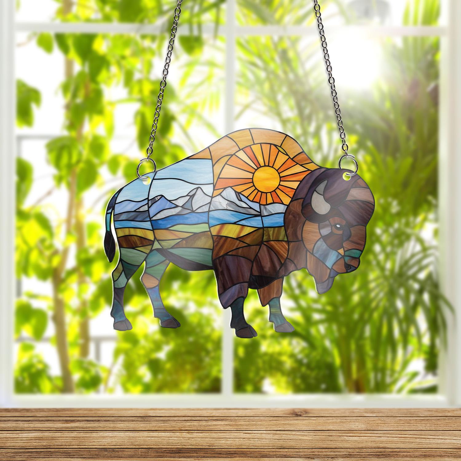 Bison in Nature Field with Sun ACRYLIC Window Hanging – Perfect Gift for Dad, Stunning Wildlife & Nature Decor, Father's Day Window Art