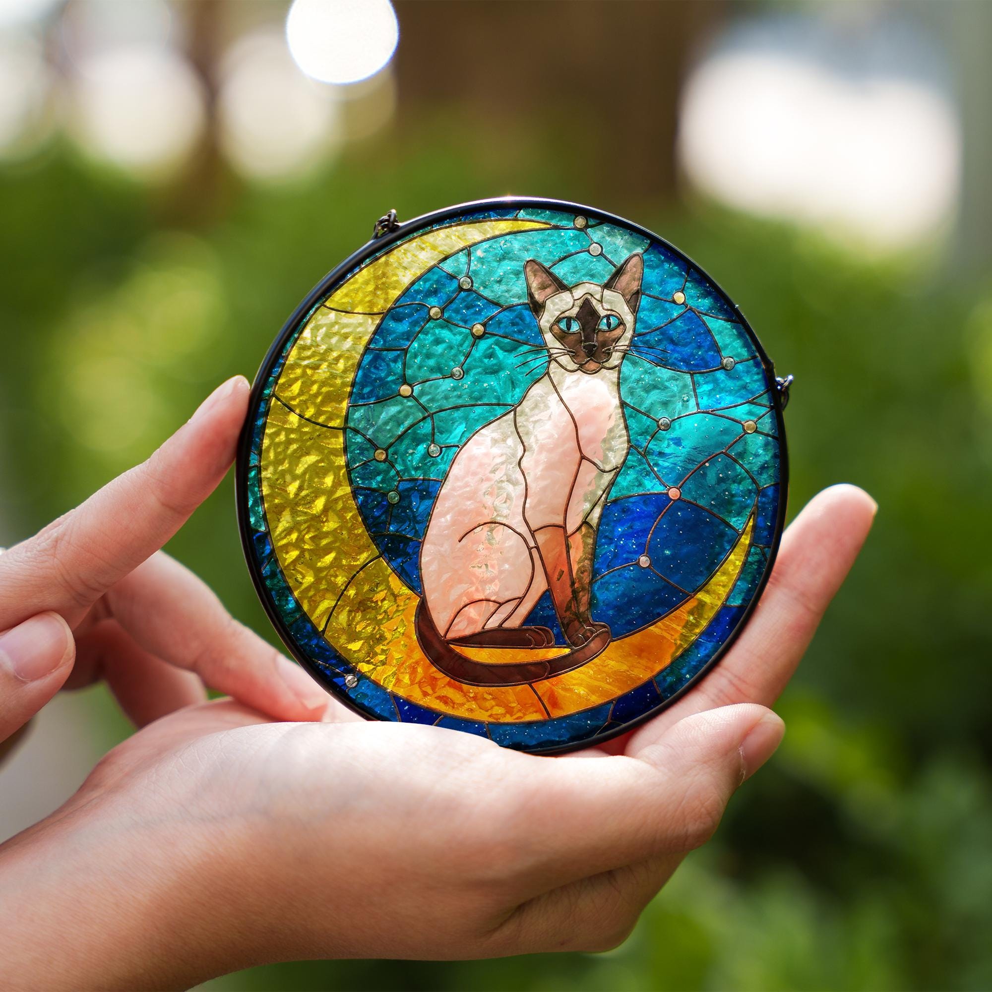 Cat On Moon Glass Suncatcher Hanging | Siamese Cat Ornament |  Siamese Cat Gift | Home Decor for Cat Lovers | Cat Mom Gift