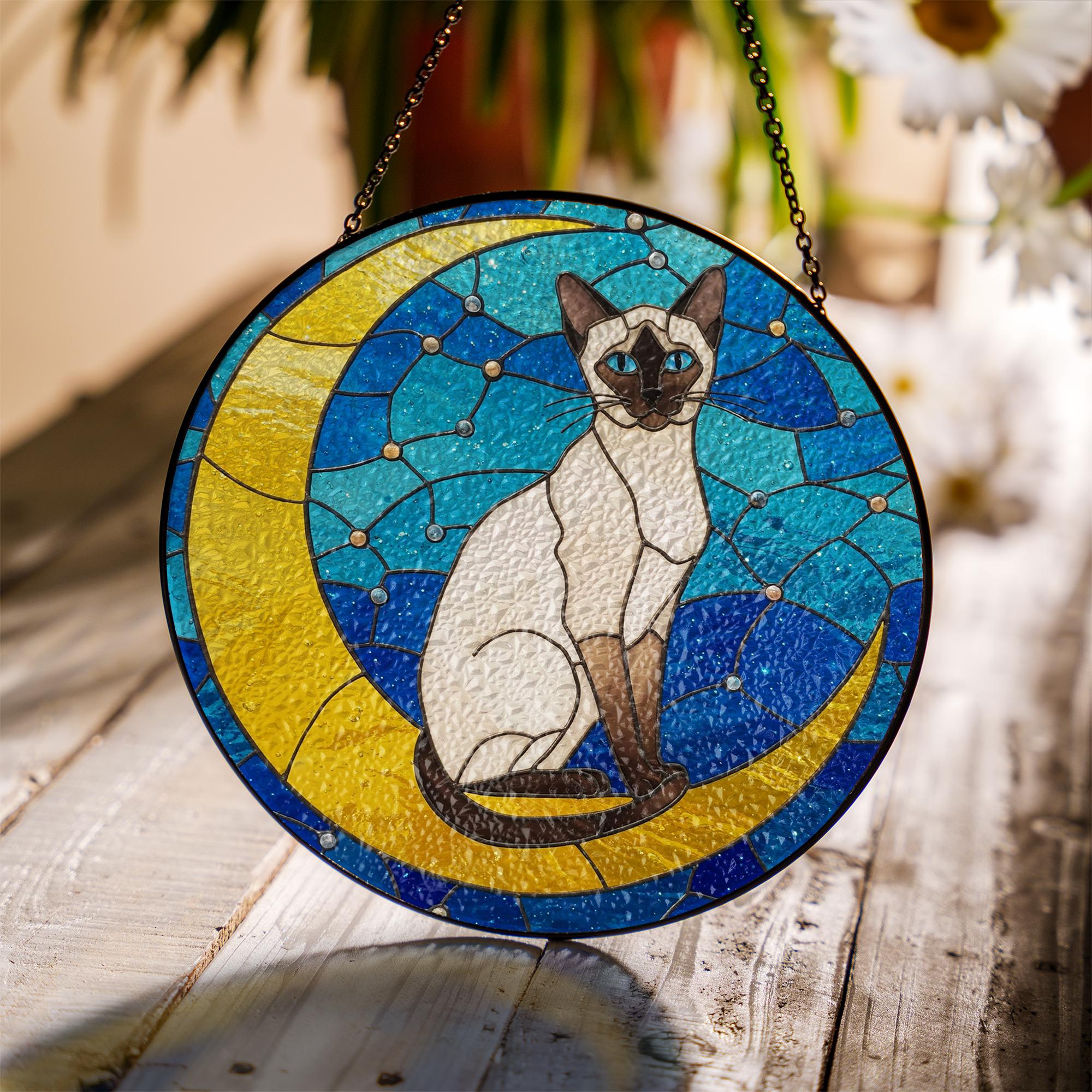 Cat On Moon Glass Suncatcher Hanging | Siamese Cat Ornament |  Siamese Cat Gift | Home Decor for Cat Lovers | Cat Mom Gift