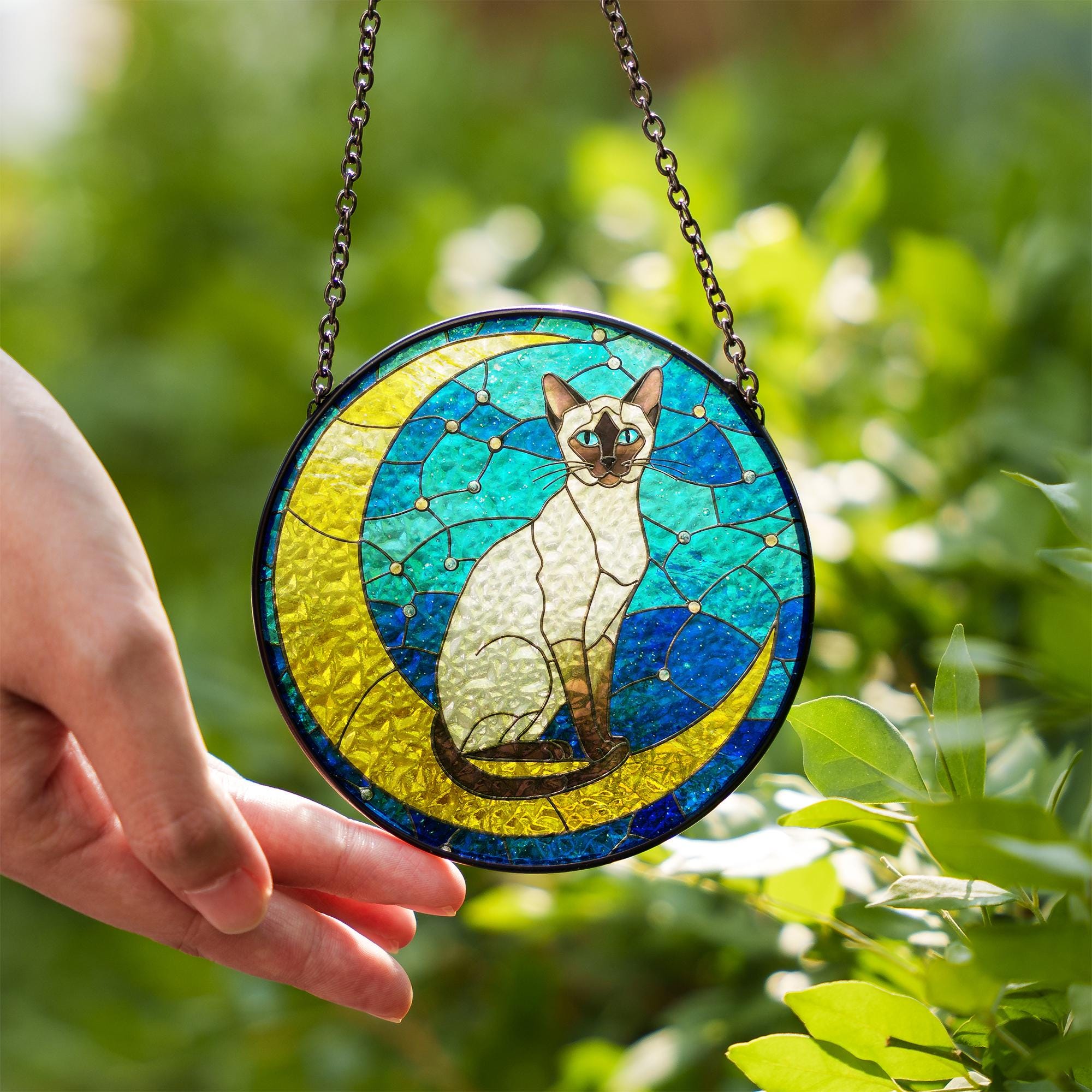 Cat On Moon Glass Suncatcher Hanging | Siamese Cat Ornament |  Siamese Cat Gift | Home Decor for Cat Lovers | Cat Mom Gift