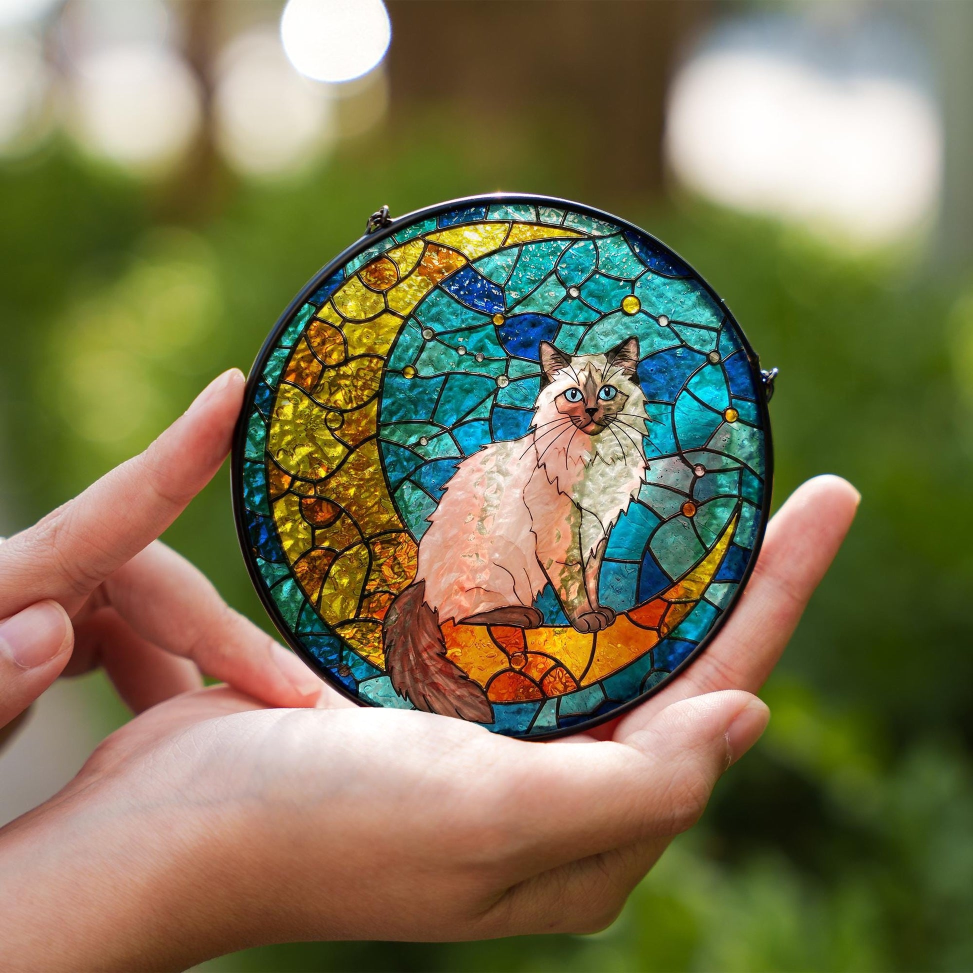 Cat On Moon Glass Suncatcher Hanging | Ragdoll Cat Ornament |  Ragdoll Cat Gift | Home Decor for Cat Lovers | Cat Mom Gift