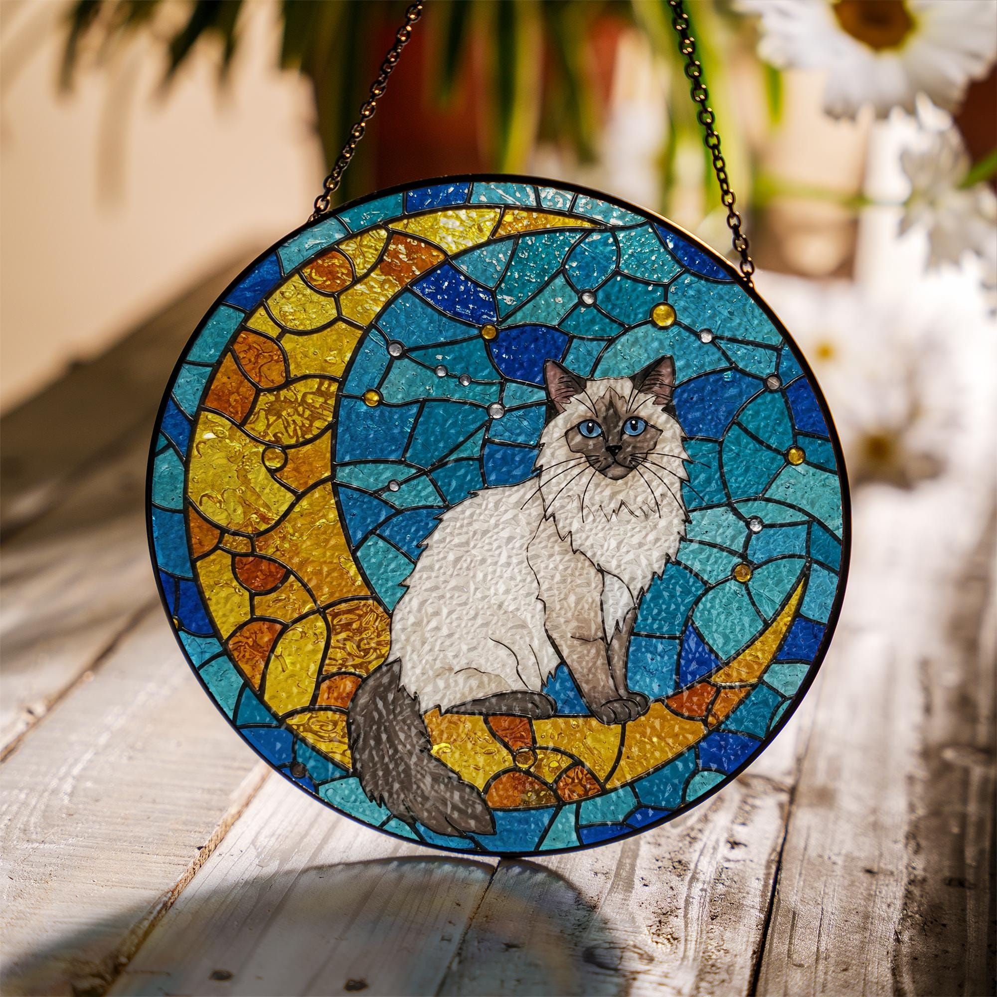 Cat On Moon Glass Suncatcher Hanging | Ragdoll Cat Ornament |  Ragdoll Cat Gift | Home Decor for Cat Lovers | Cat Mom Gift