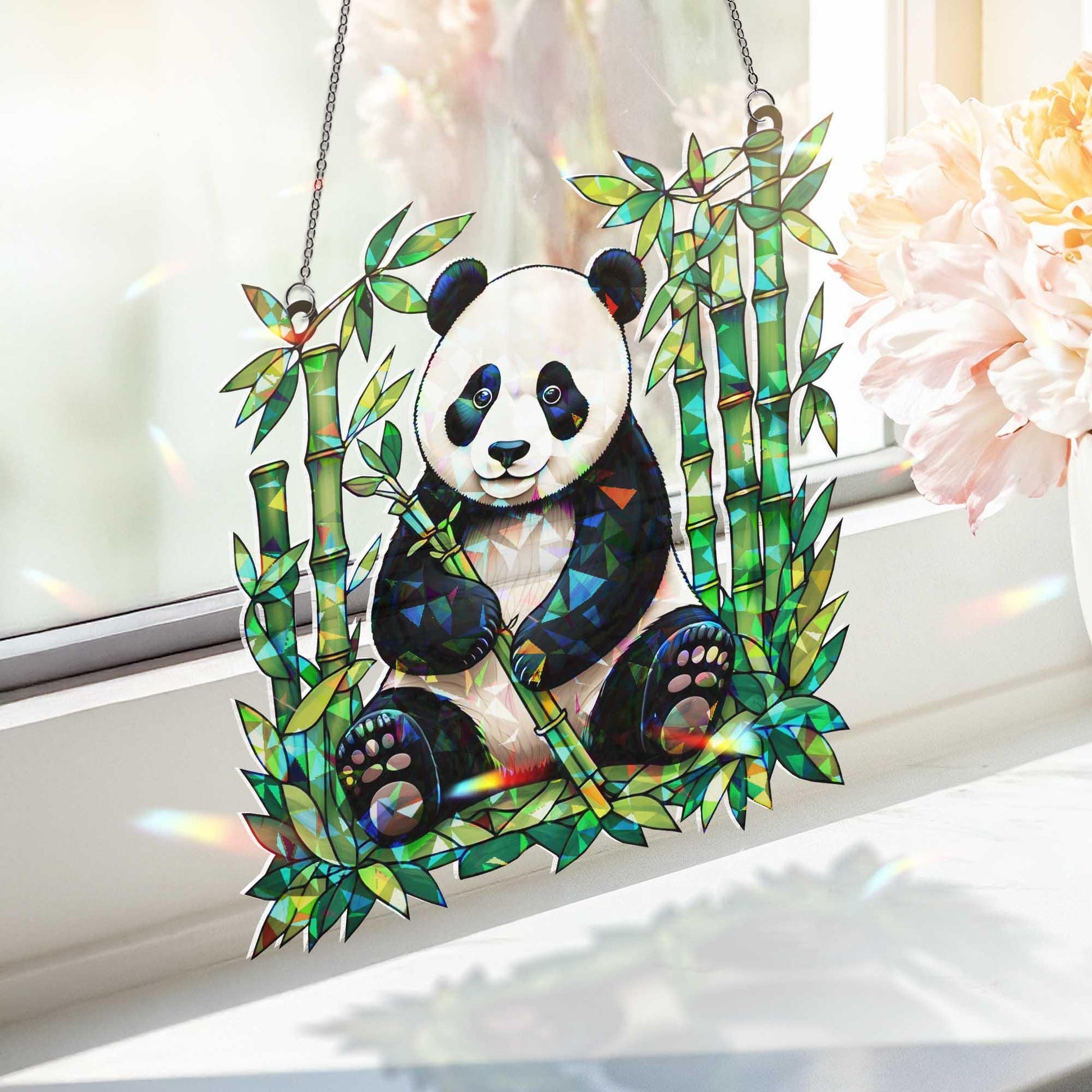 Panda With Bamboo Hologram Window Hanging | Panda Suncatcher Decor for Animal Lovers | Cute Wildlife Art for Home, Decor Home Gift