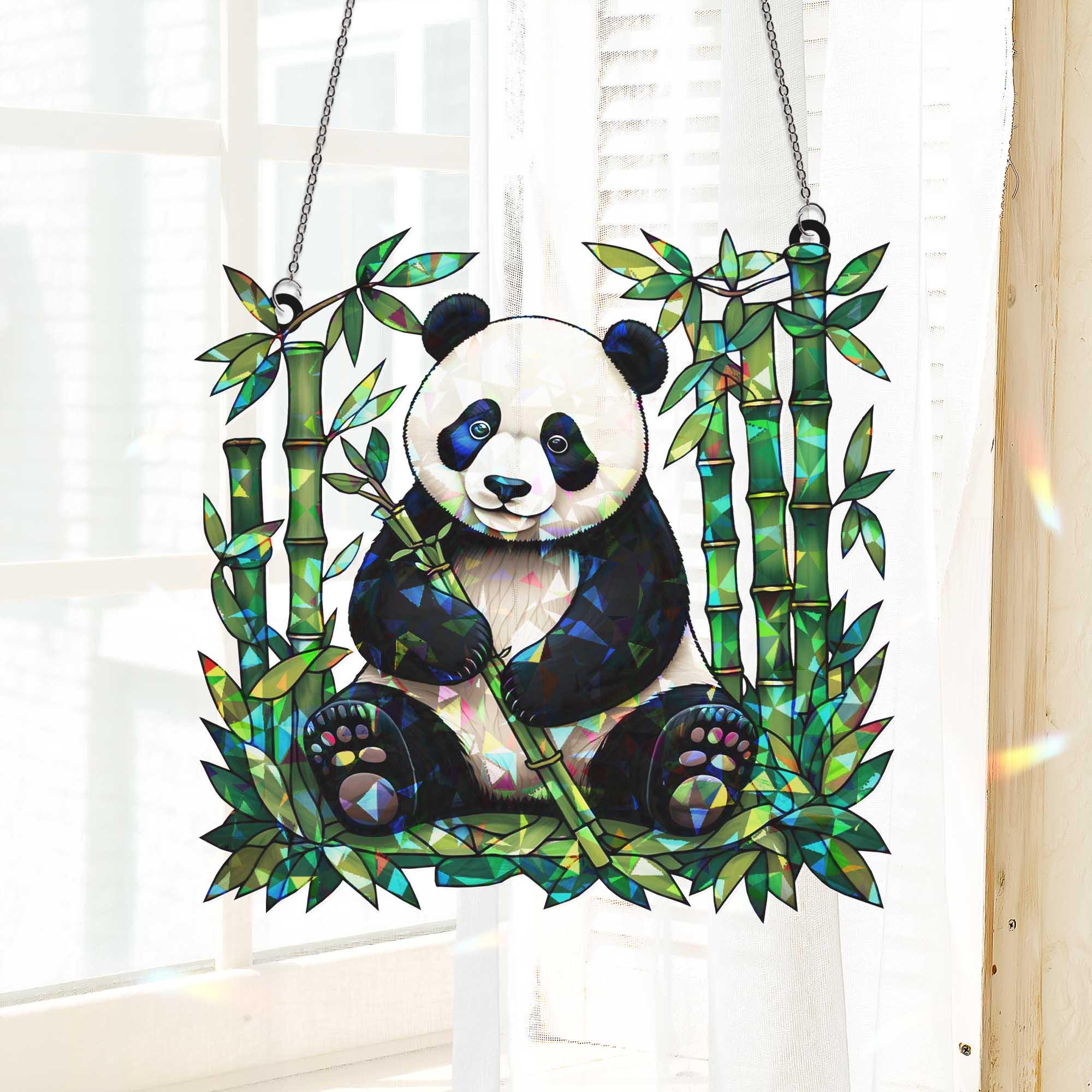 Panda With Bamboo Hologram Window Hanging | Panda Suncatcher Decor for Animal Lovers | Cute Wildlife Art for Home, Decor Home Gift