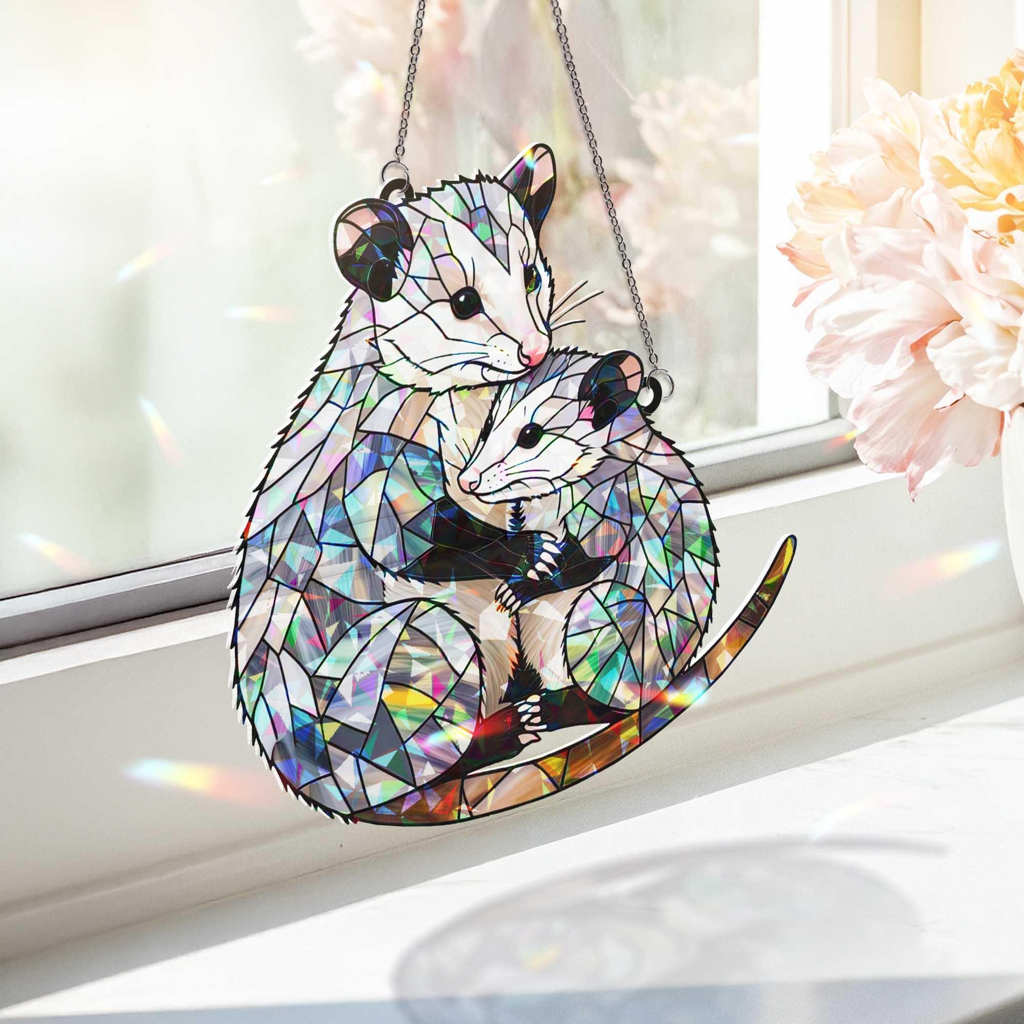 Mama & Baby Opossum Hologram Window Hanging | Opossum Art Suncatcher | Cute Woodland Animal Decor for Home or Nursery