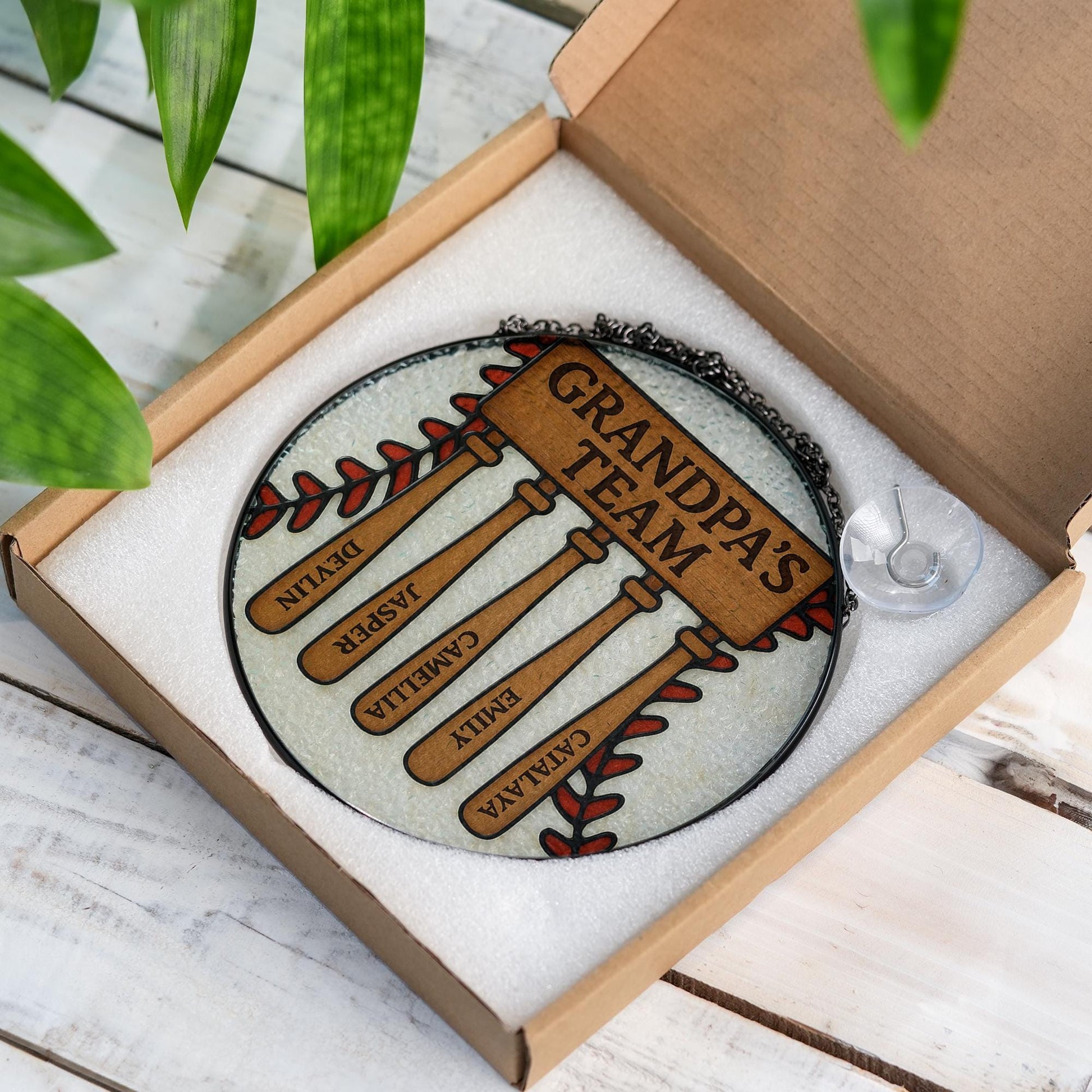 Custom Grandpa Team Suncatcher | Personalized Father's Day Gift | Baseball Bat Family Names Glass Sign | Dad Papa Keepsake Decor