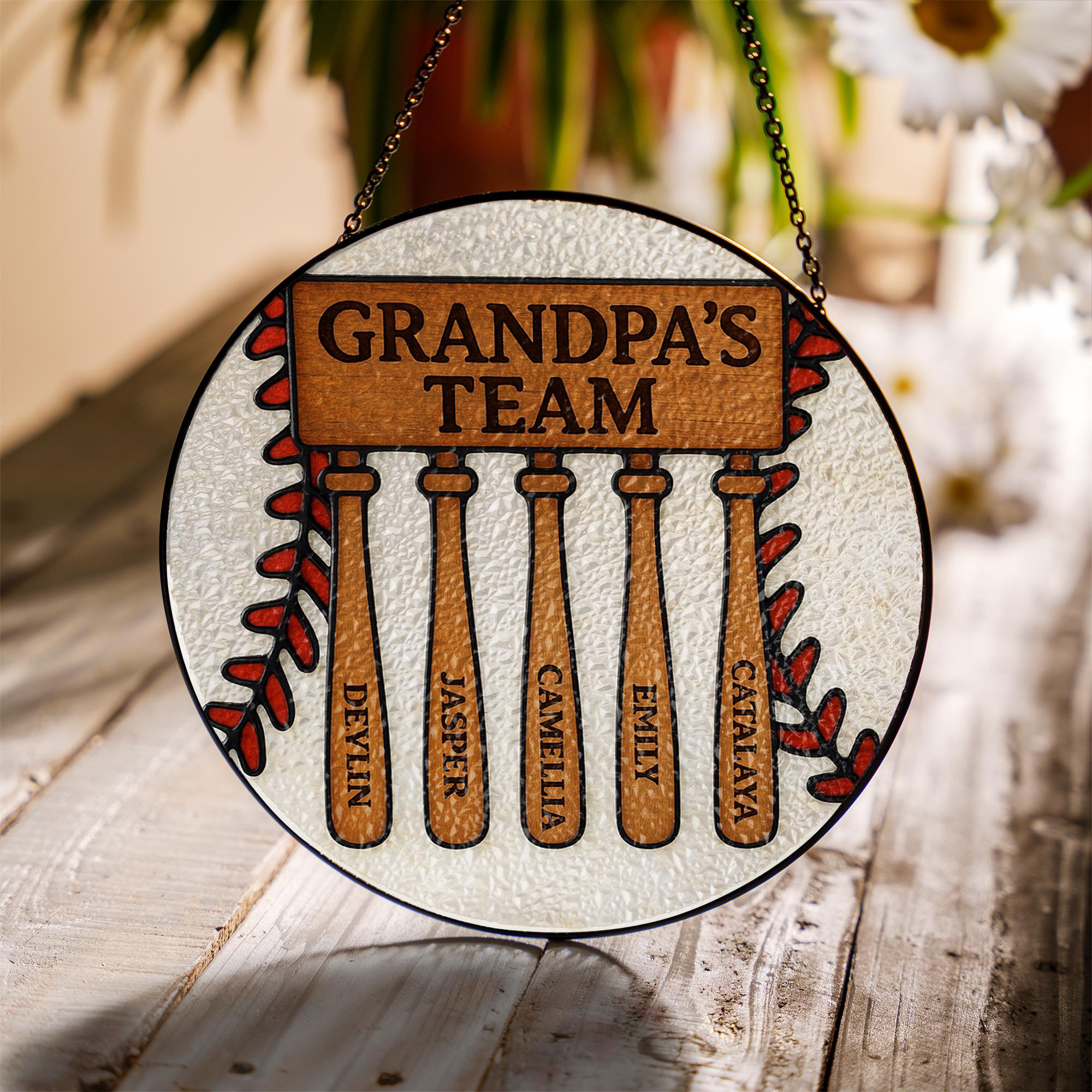 Custom Grandpa Team Suncatcher | Personalized Father's Day Gift | Baseball Bat Family Names Glass Sign | Dad Papa Keepsake Decor