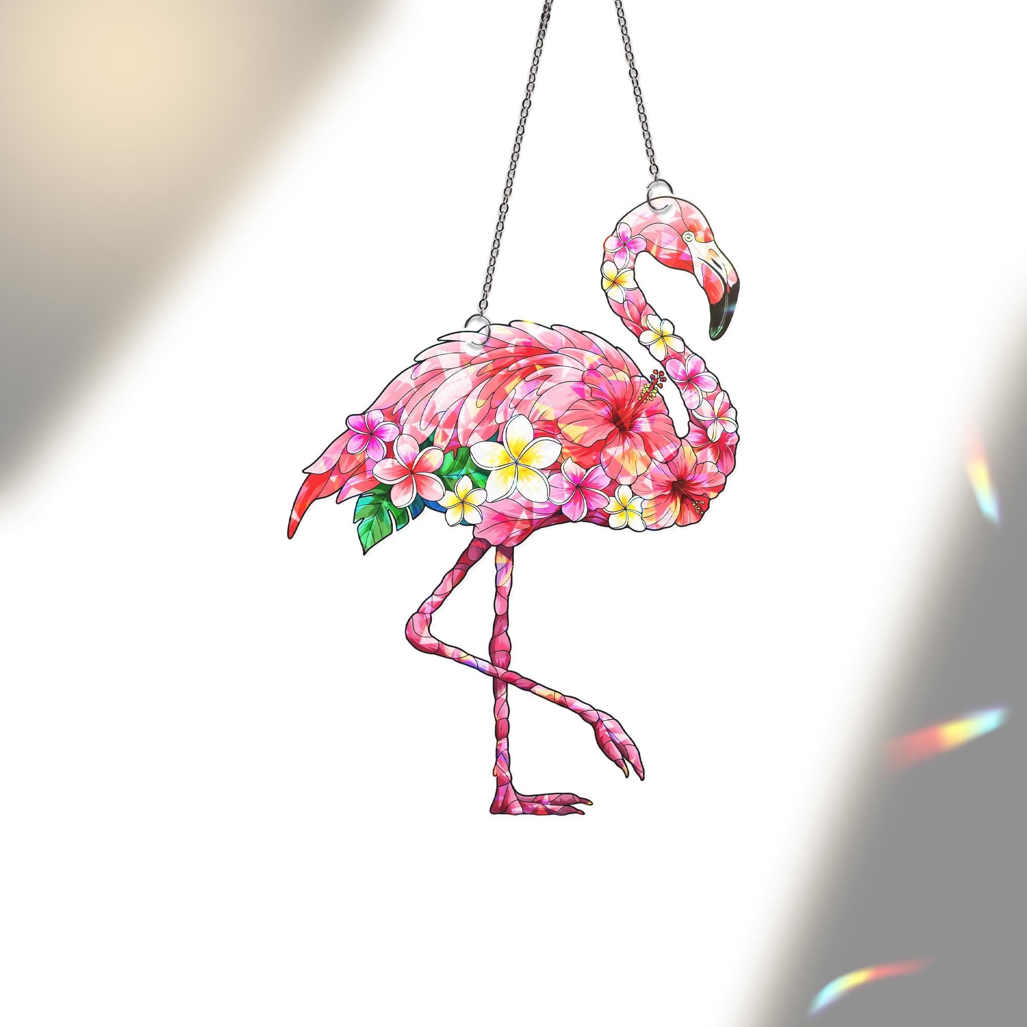 Flamingo Floral Suncatcher | Summer Window Decor | Holographic Acrylic Hanging Sun Catcher | Tropical Bird Gift | Boho Garden Decor
