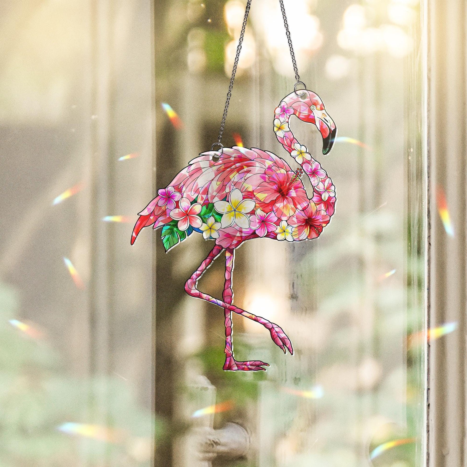 Flamingo Floral Suncatcher | Summer Window Decor | Holographic Acrylic Hanging Sun Catcher | Tropical Bird Gift | Boho Garden Decor