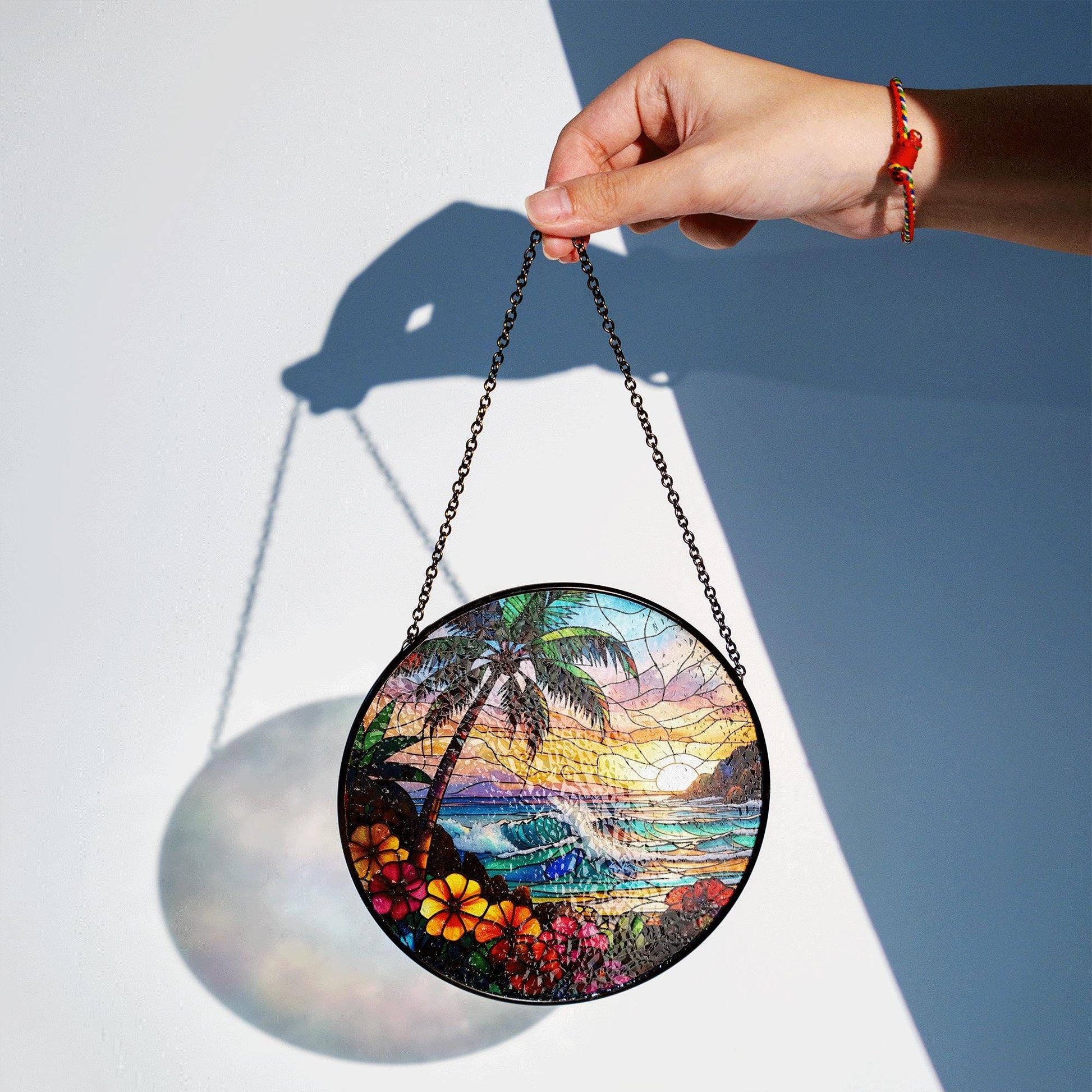 Tropical Beach Sunset Glass Suncatcher – Ocean Wave Palm Tree Stained Glass Window Hanging Decor for Summer Home Vibes