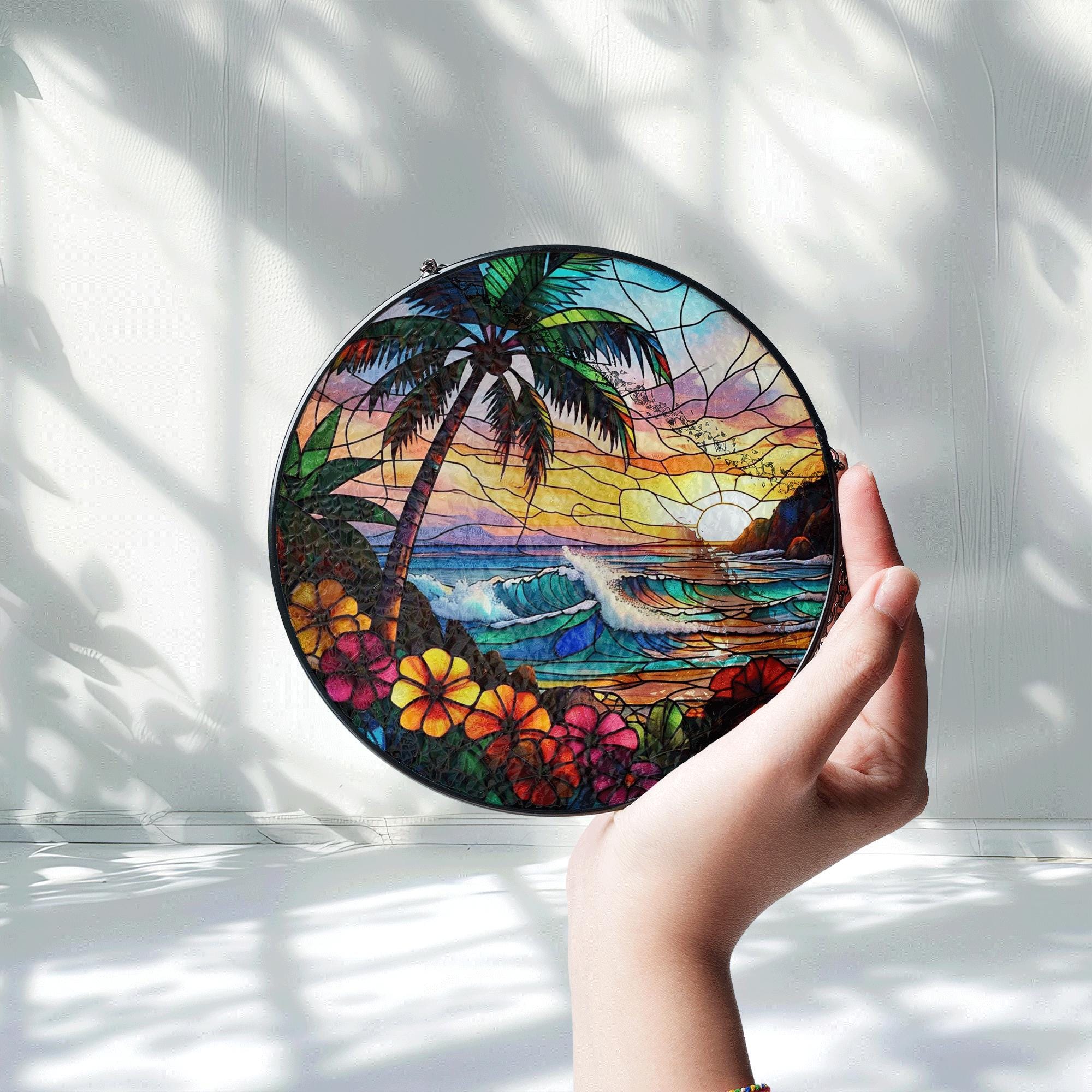 Tropical Beach Sunset Glass Suncatcher – Ocean Wave Palm Tree Stained Glass Window Hanging Decor for Summer Home Vibes