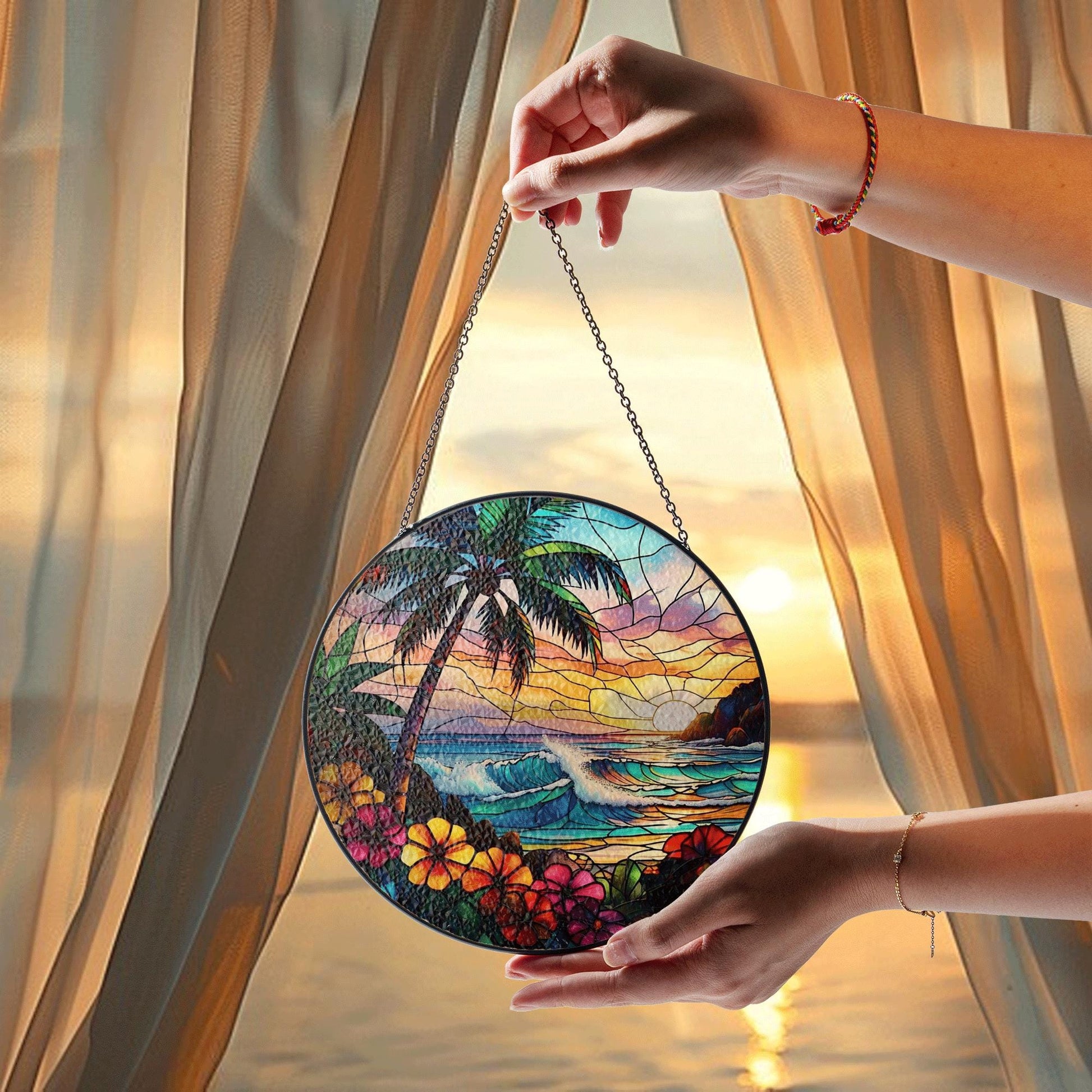 Tropical Beach Sunset Glass Suncatcher – Ocean Wave Palm Tree Stained Glass Window Hanging Decor for Summer Home Vibes