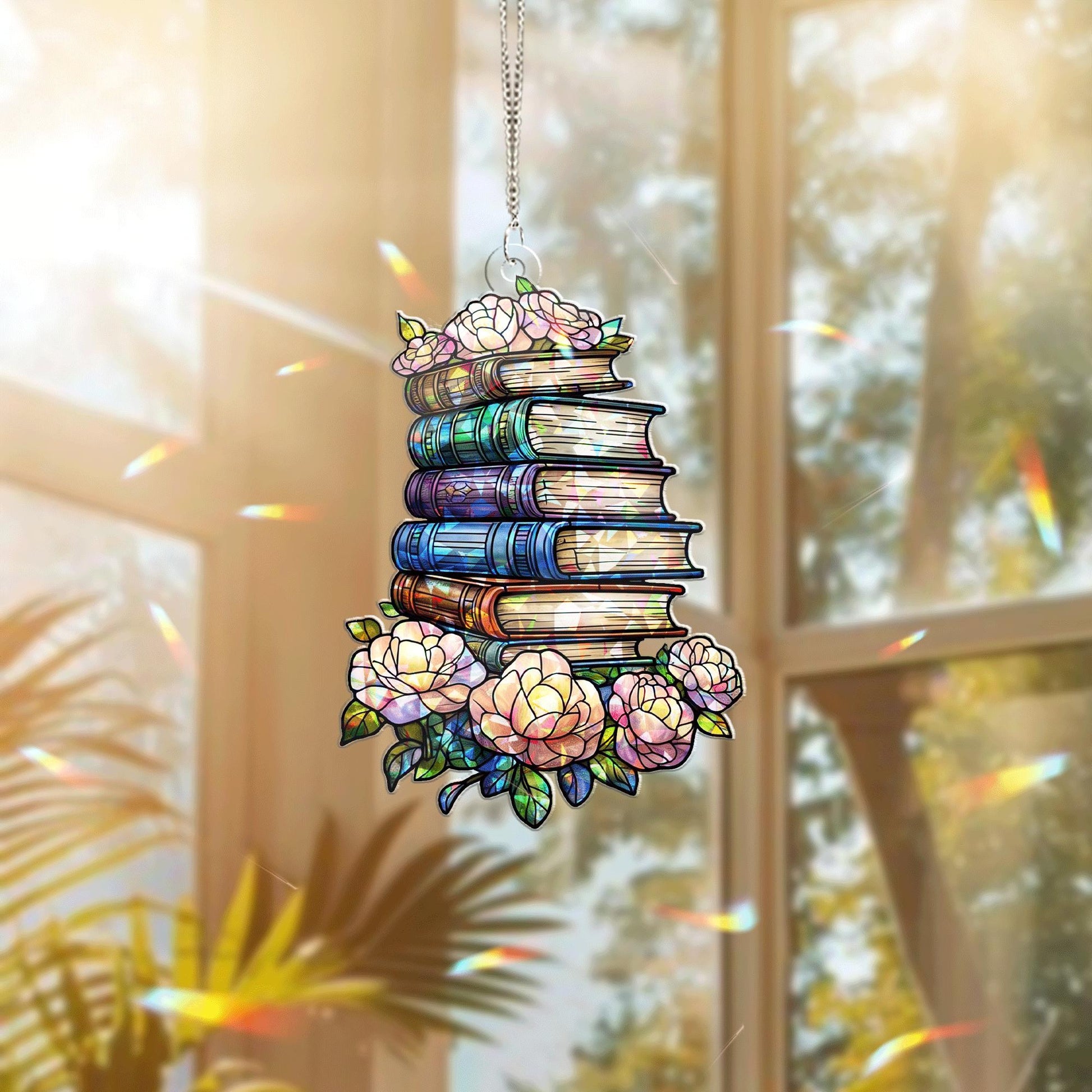 Stacked Books & Peonies Acrylic Window Hanging – Floral Book Lover Gift, Colorful Library Decor, Gift for Readers, Teacher Gift Idea