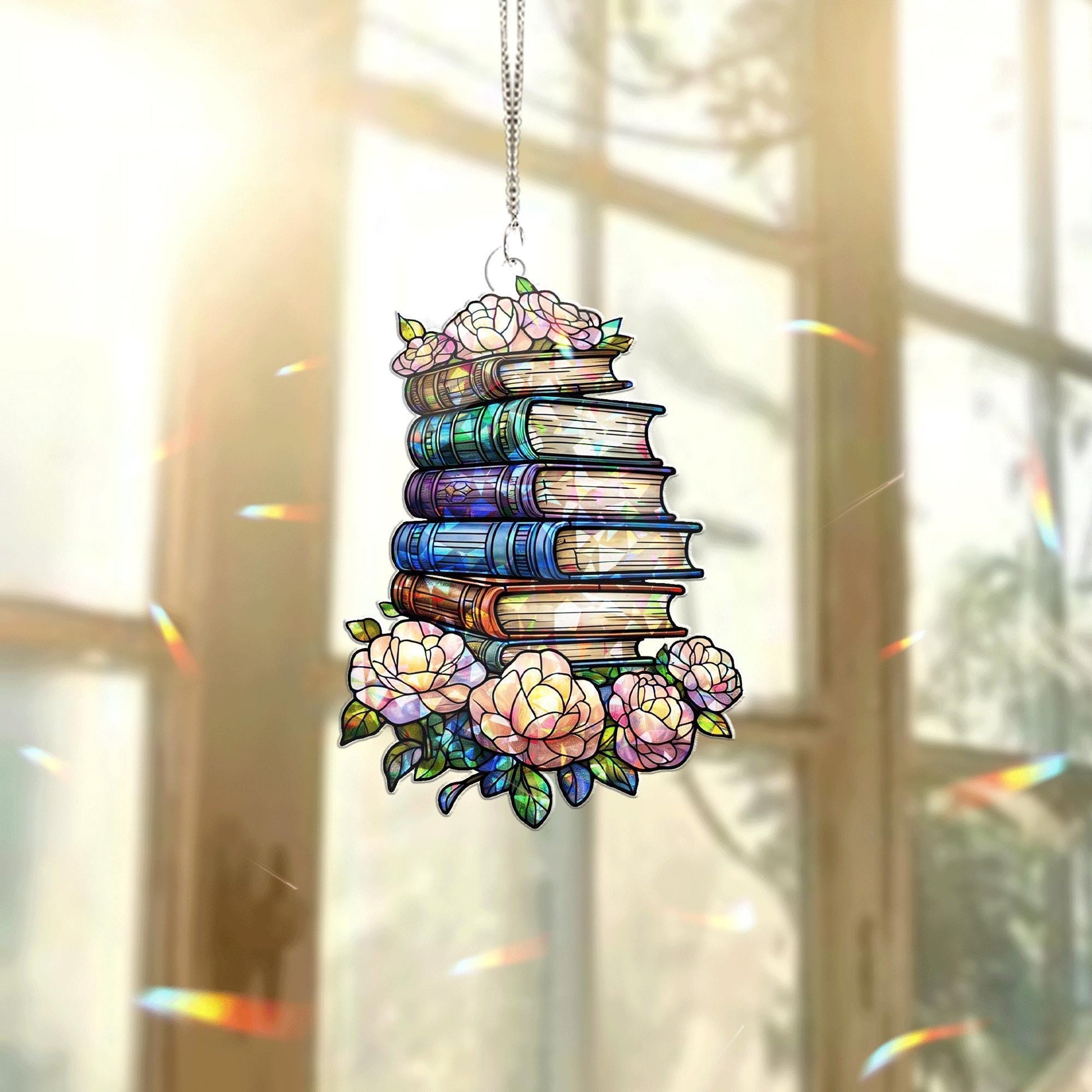Stacked Books & Peonies Acrylic Window Hanging – Floral Book Lover Gift, Colorful Library Decor, Gift for Readers, Teacher Gift Idea