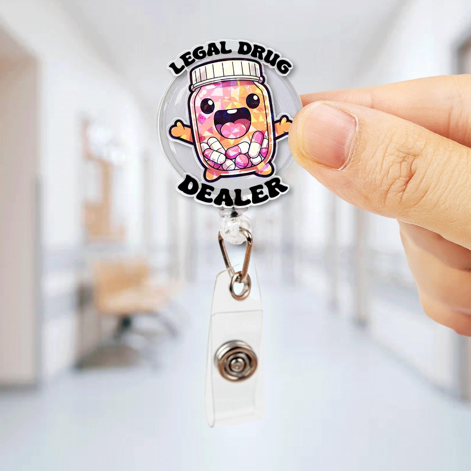 Funny "Legal Drug Dealer" Badge Reel – Cute Pill Bottle ID Holder for Pharmacists, Nurses, and Healthcare Workers Gift