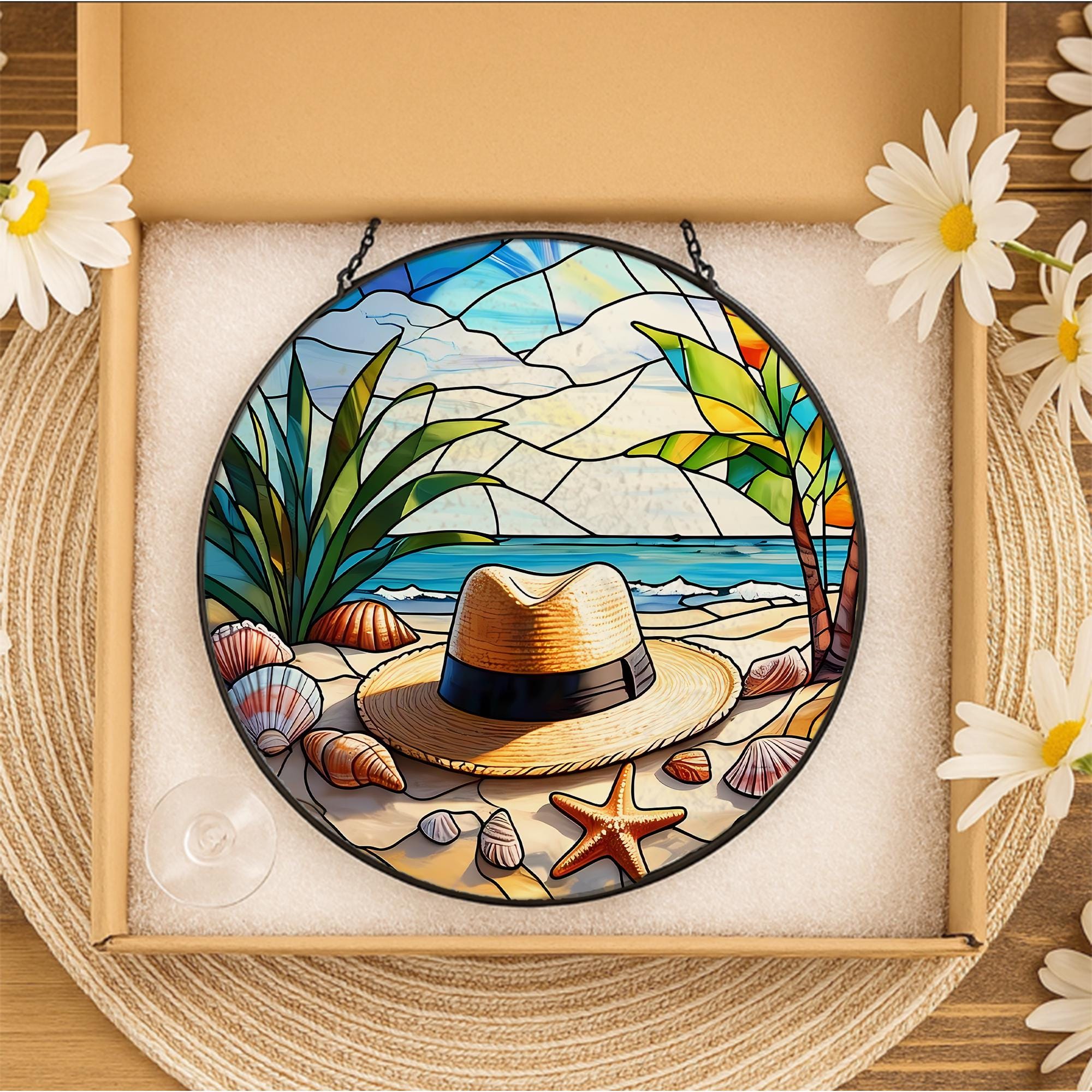 Beach Scene Glass Suncatcher, Tropical Ocean Window Hanging, Coastal Home Decor, Seashell & Palm Tree Art, Unique Summer Gift