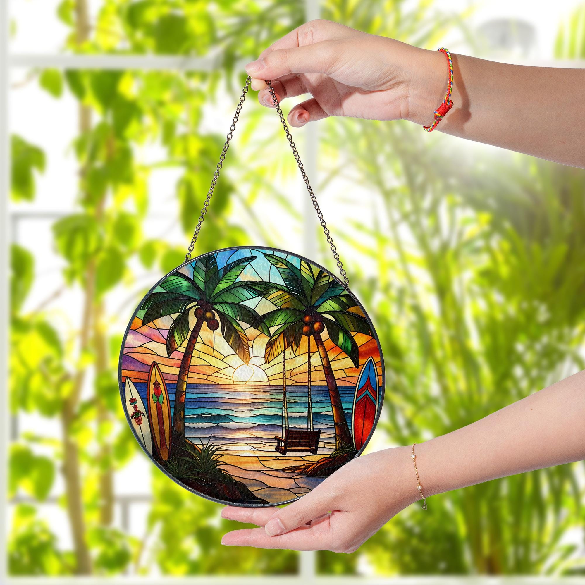 Beach Sunset Stained Glass Suncatcher, Tropical Palm Tree Ocean Scene Window Hanging, Handcrafted Coastal Home Decor, Unique Island Art Gift
