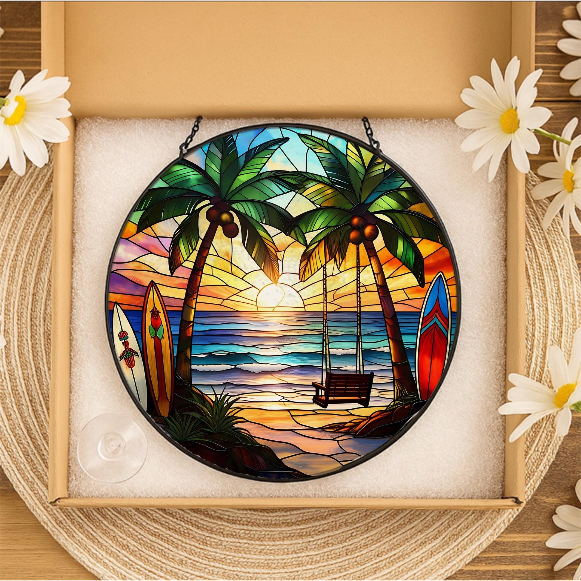 Beach Sunset Stained Glass Suncatcher, Tropical Palm Tree Ocean Scene Window Hanging, Handcrafted Coastal Home Decor, Unique Island Art Gift