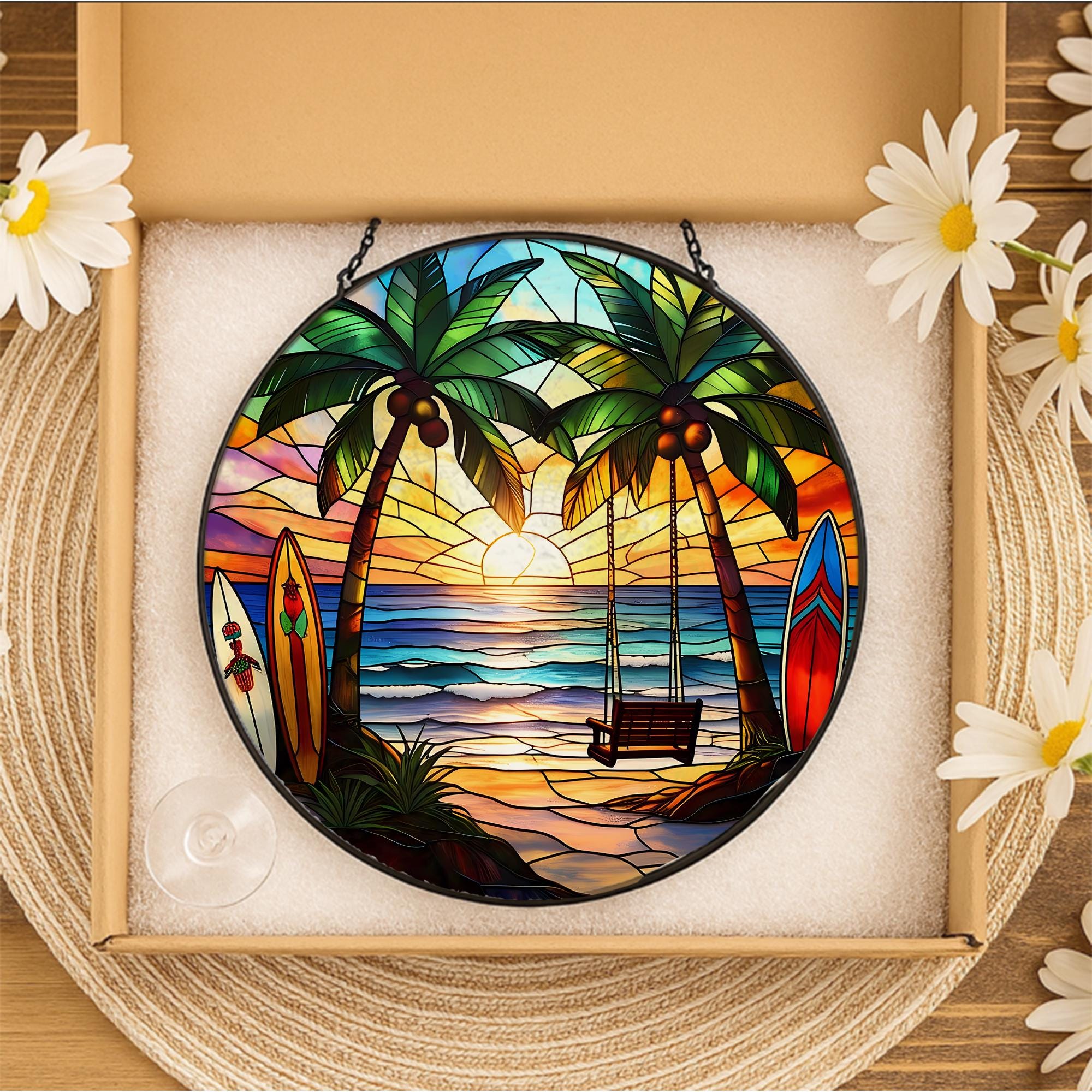 Beach Sunset Stained Glass Suncatcher, Tropical Palm Tree Ocean Scene Window Hanging, Handcrafted Coastal Home Decor, Unique Island Art Gift