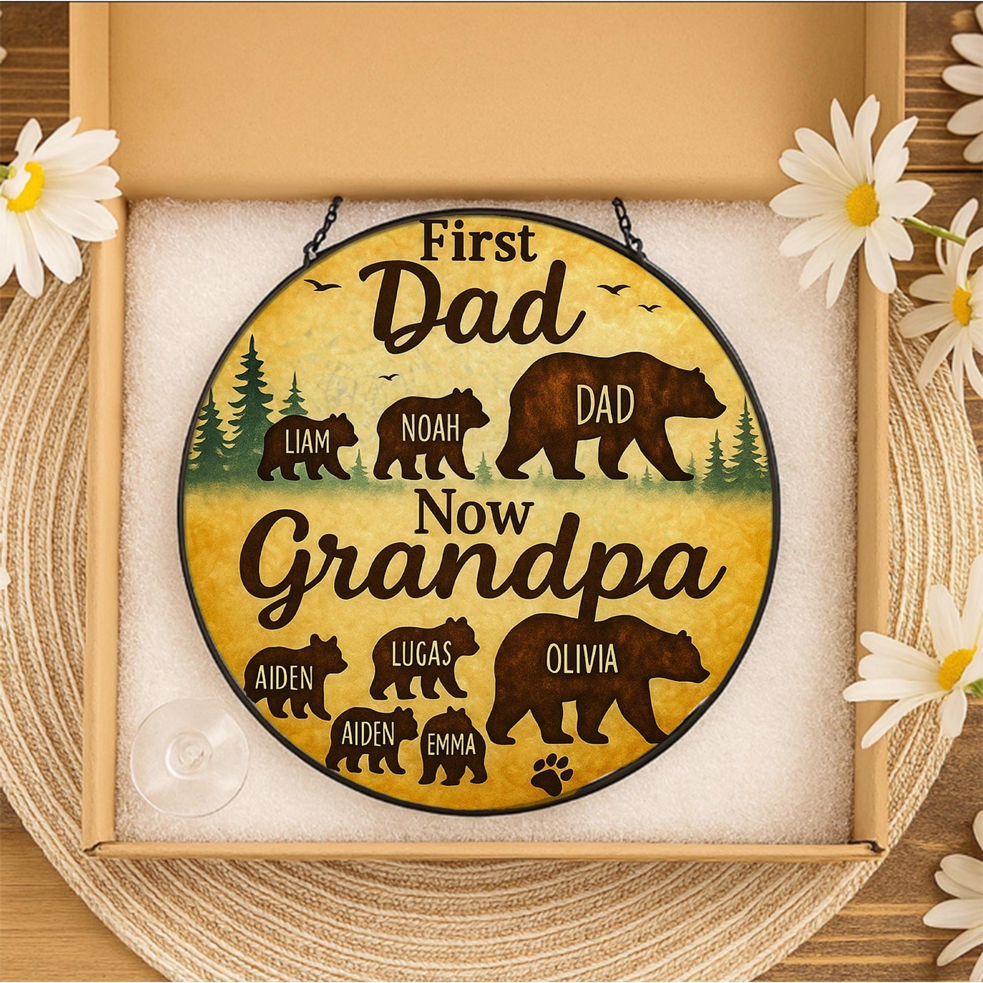 Custom Glass Suncatcher for Grandpa | First Dad Now Grandpa | Personalized Family Bear Design | Father's Day Gift | Grandpa Keepsake