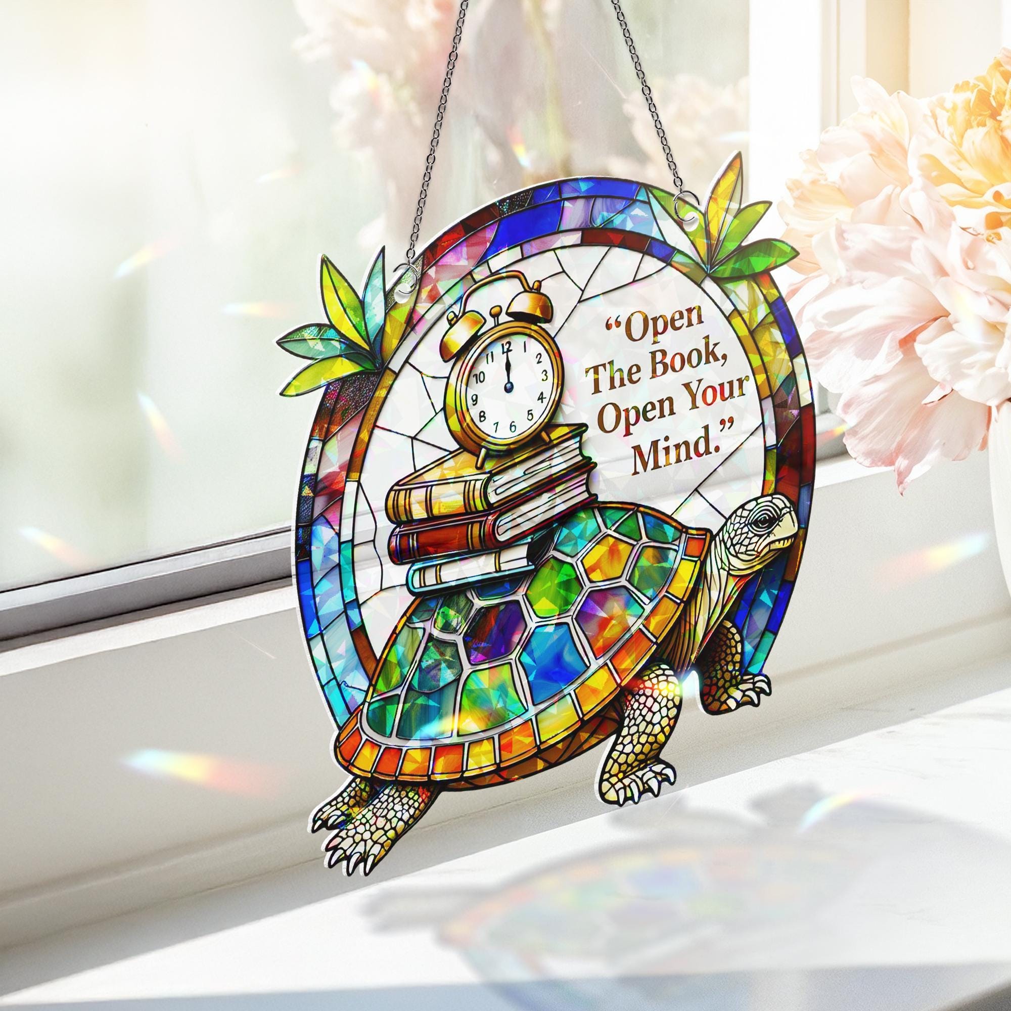 Turtle Book Lover Suncatcher, "Open The Book Open Your Mind" Acrylic Window Hanging Ornament, Reading Gift Decor, Book Lover Gift, Book Club