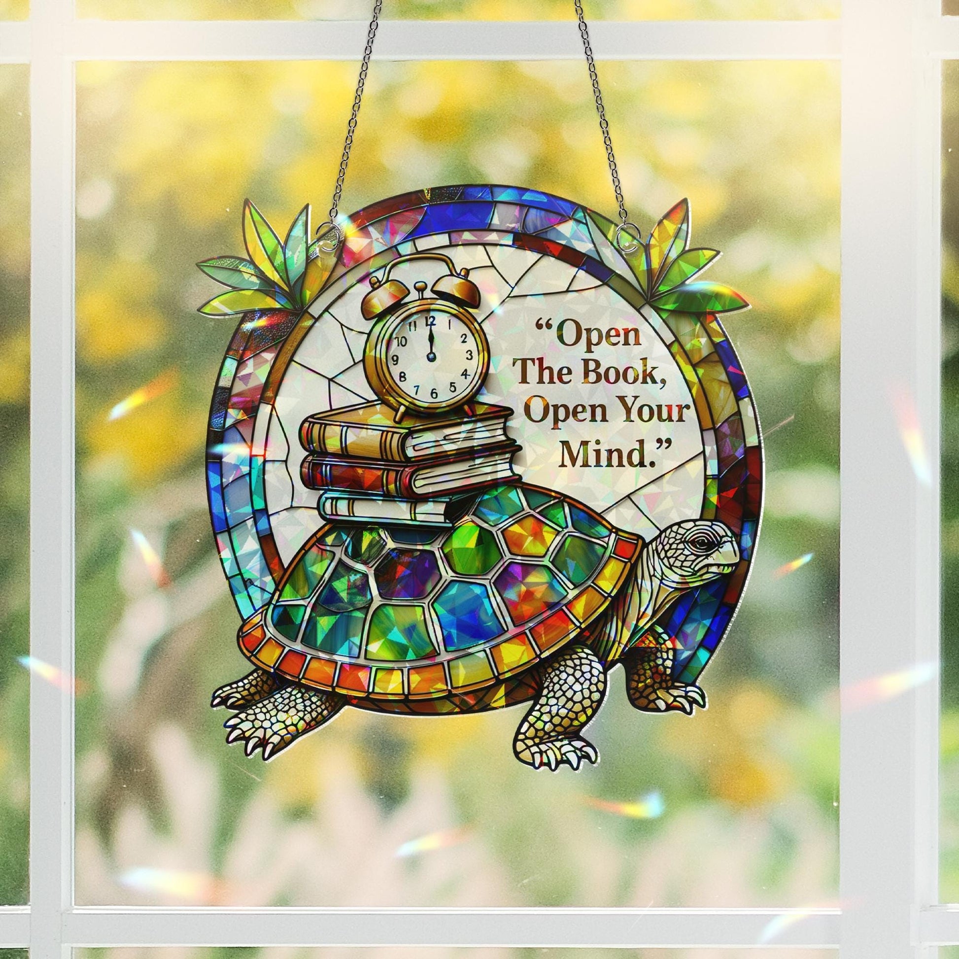 Turtle Book Lover Suncatcher, "Open The Book Open Your Mind" Acrylic Window Hanging Ornament, Reading Gift Decor, Book Lover Gift, Book Club