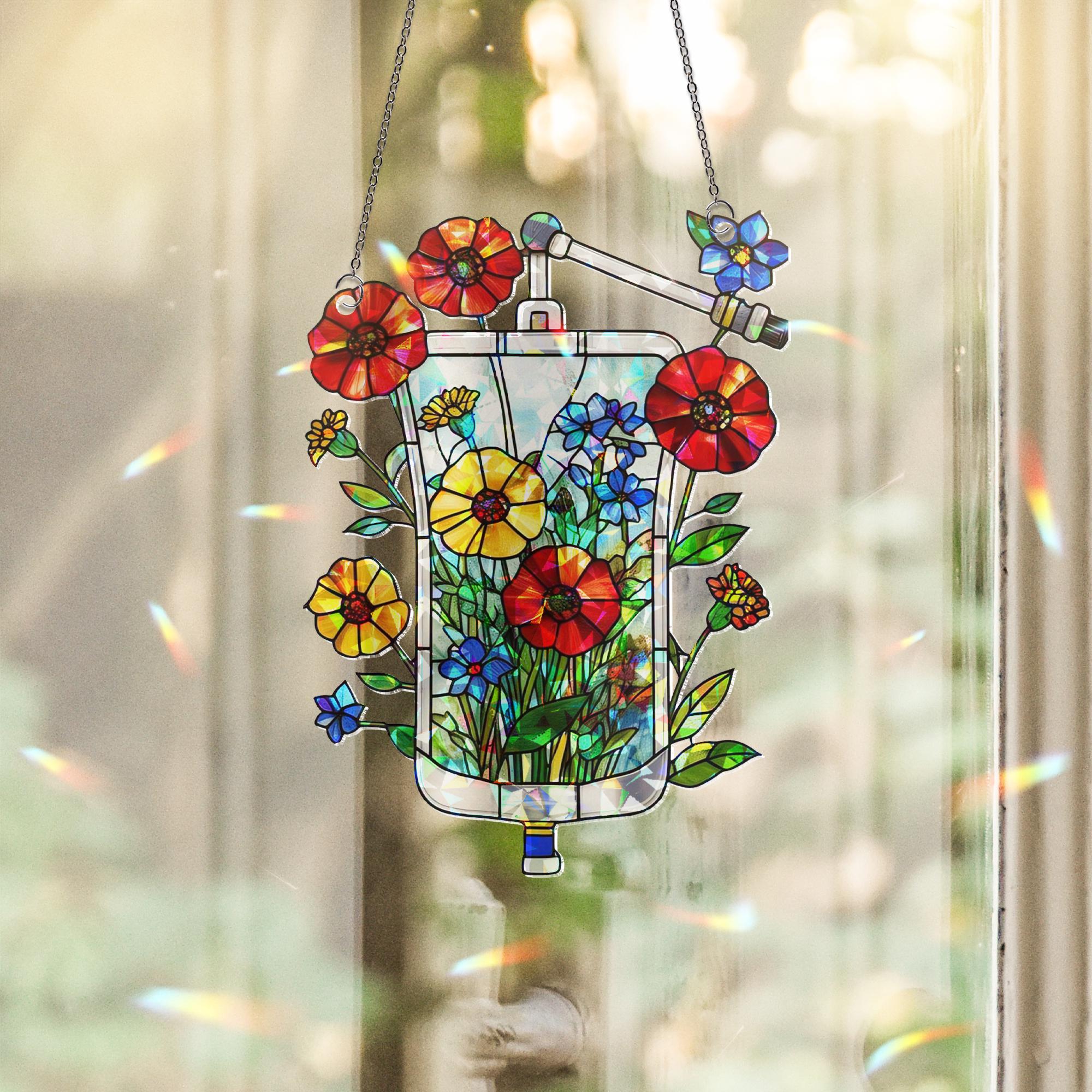 Floral IV Bag Acrylic Window Hanging Ornament, Unique Nurse Doctor Gift, Medical Art Home Decor, Unique Gift for Nurse, Doctor,Medical Staff