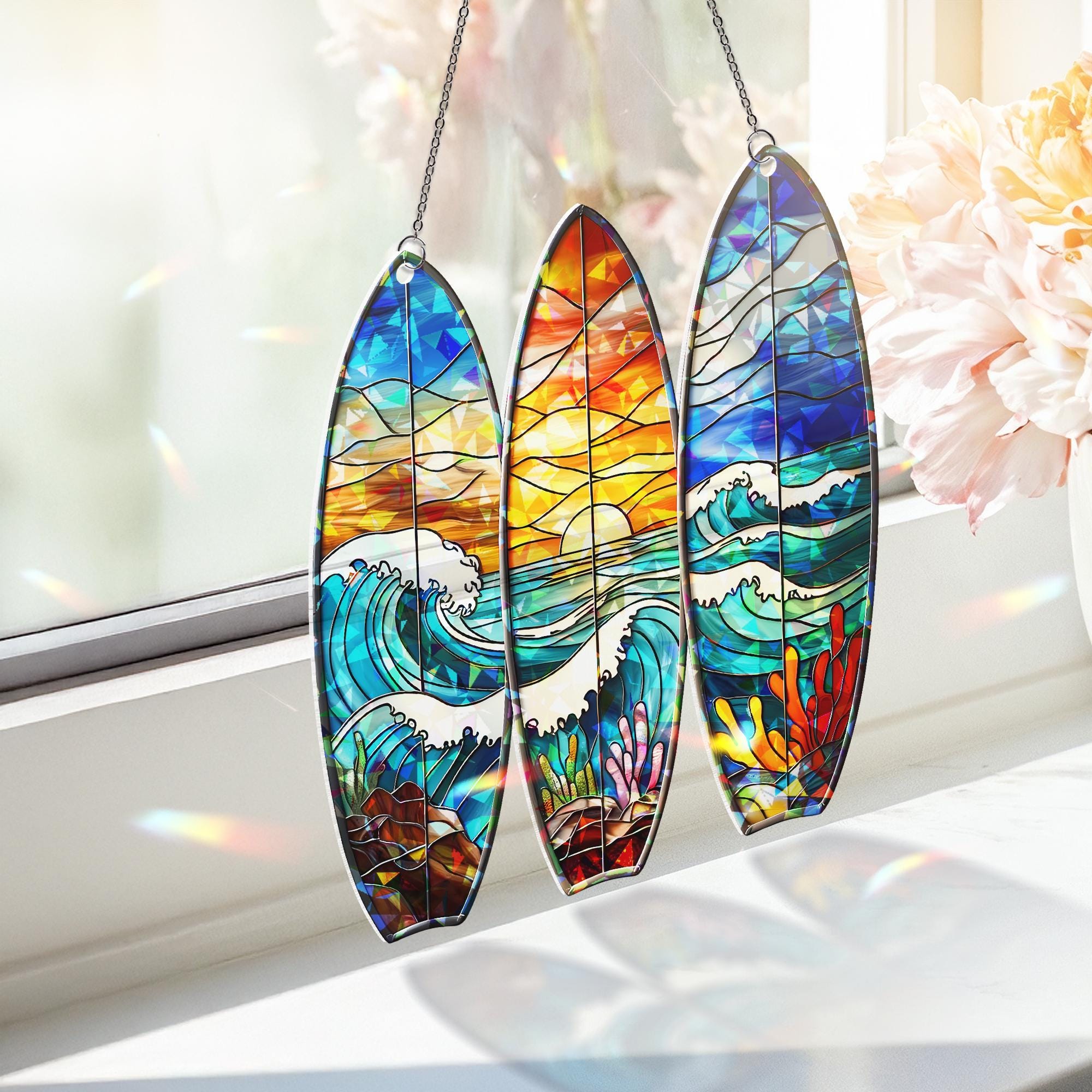 Surfboard Trio Ocean Sunset Acrylic Window Hanging, Tropical Beach Coastal Home Decor, Unique Surfer Gift, Summer Art Decor