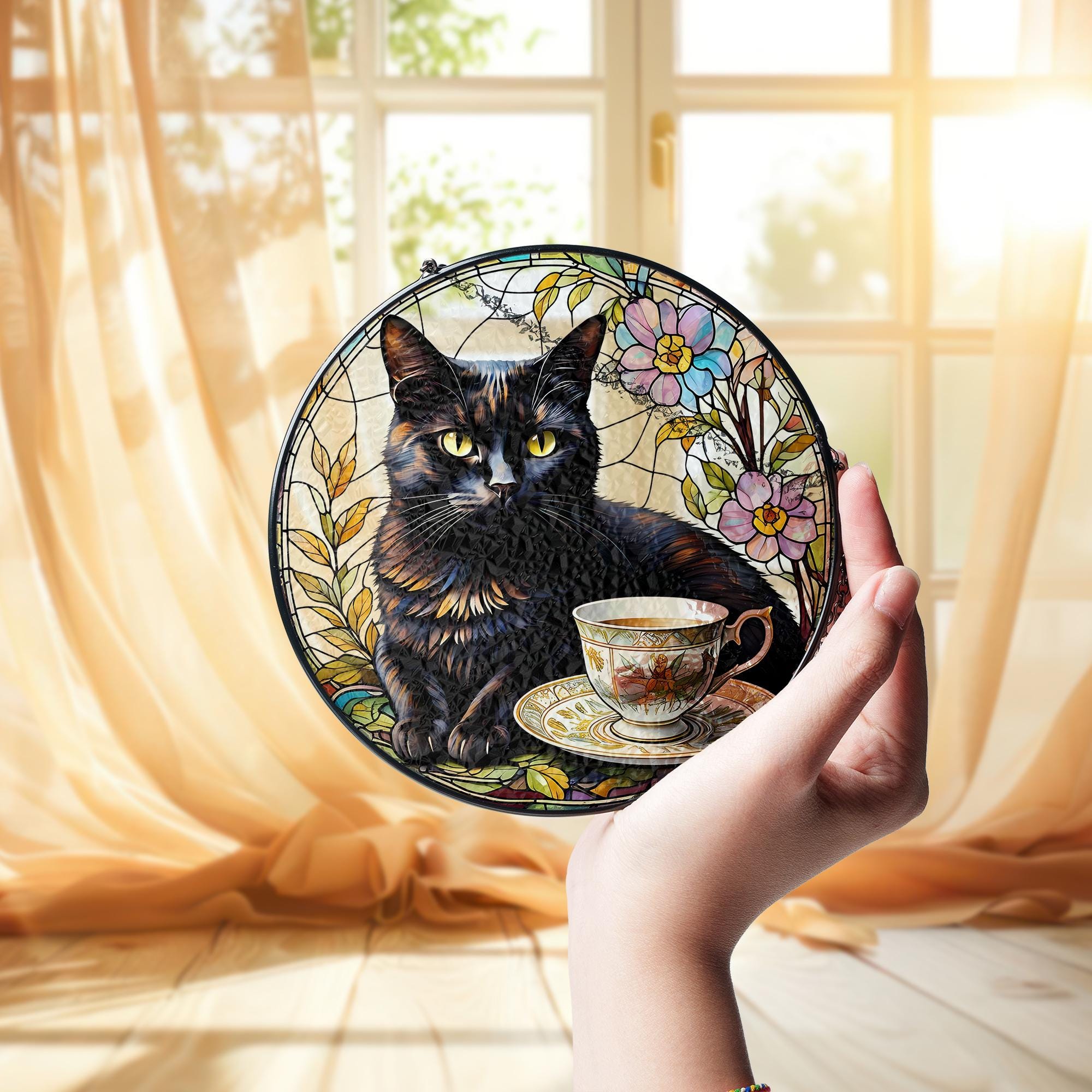 Black Cat with Teacup Glass Suncatcher – Whimsical Cat Lover Decor, Tea Time Window Art, Gift for Cat Lovers, Cottagecore Decor