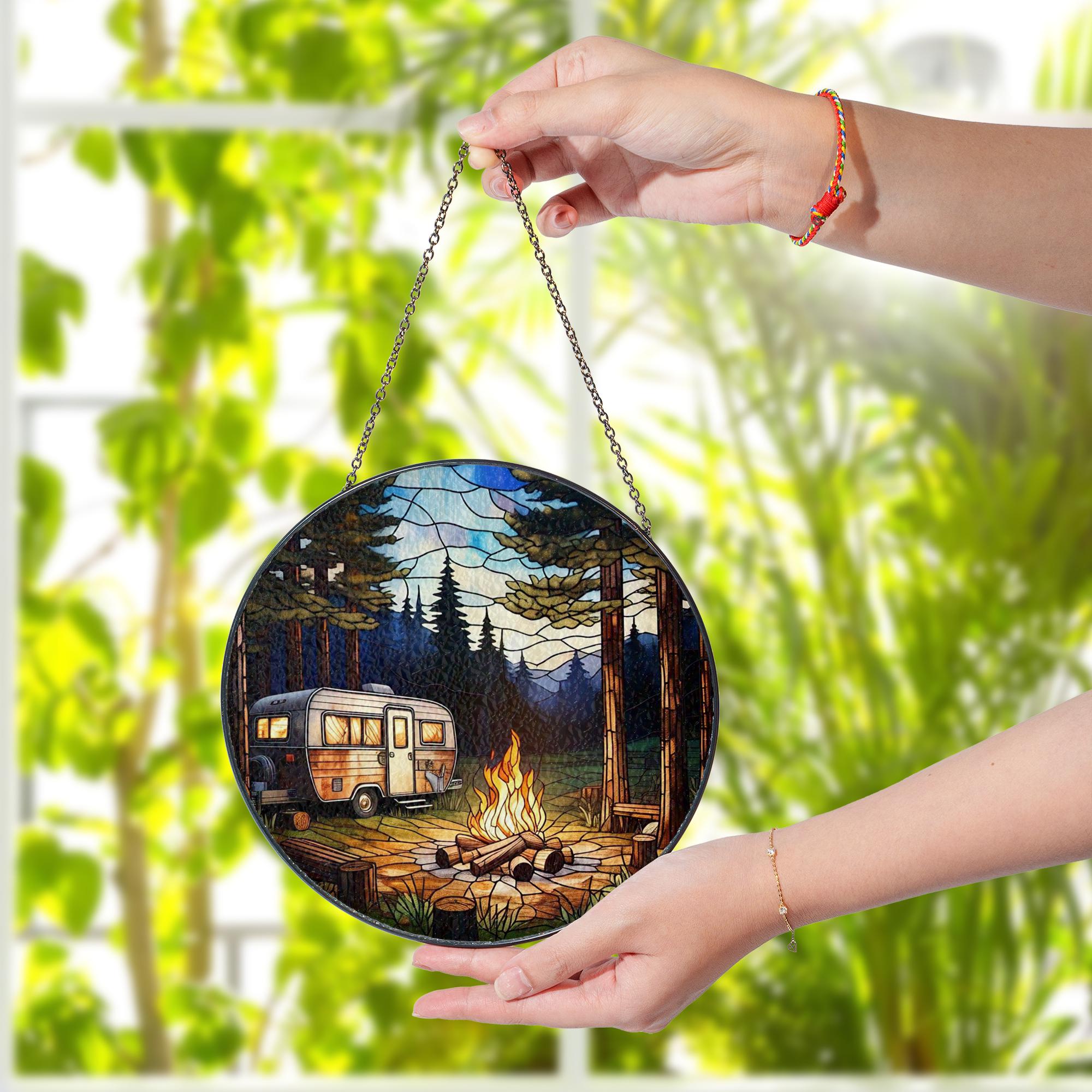 Camping in the Forest Glass Suncatcher – Nature Lover Decor, Outdoor Adventure Art, Gift for Hikers, Forest Landscape Window Art
