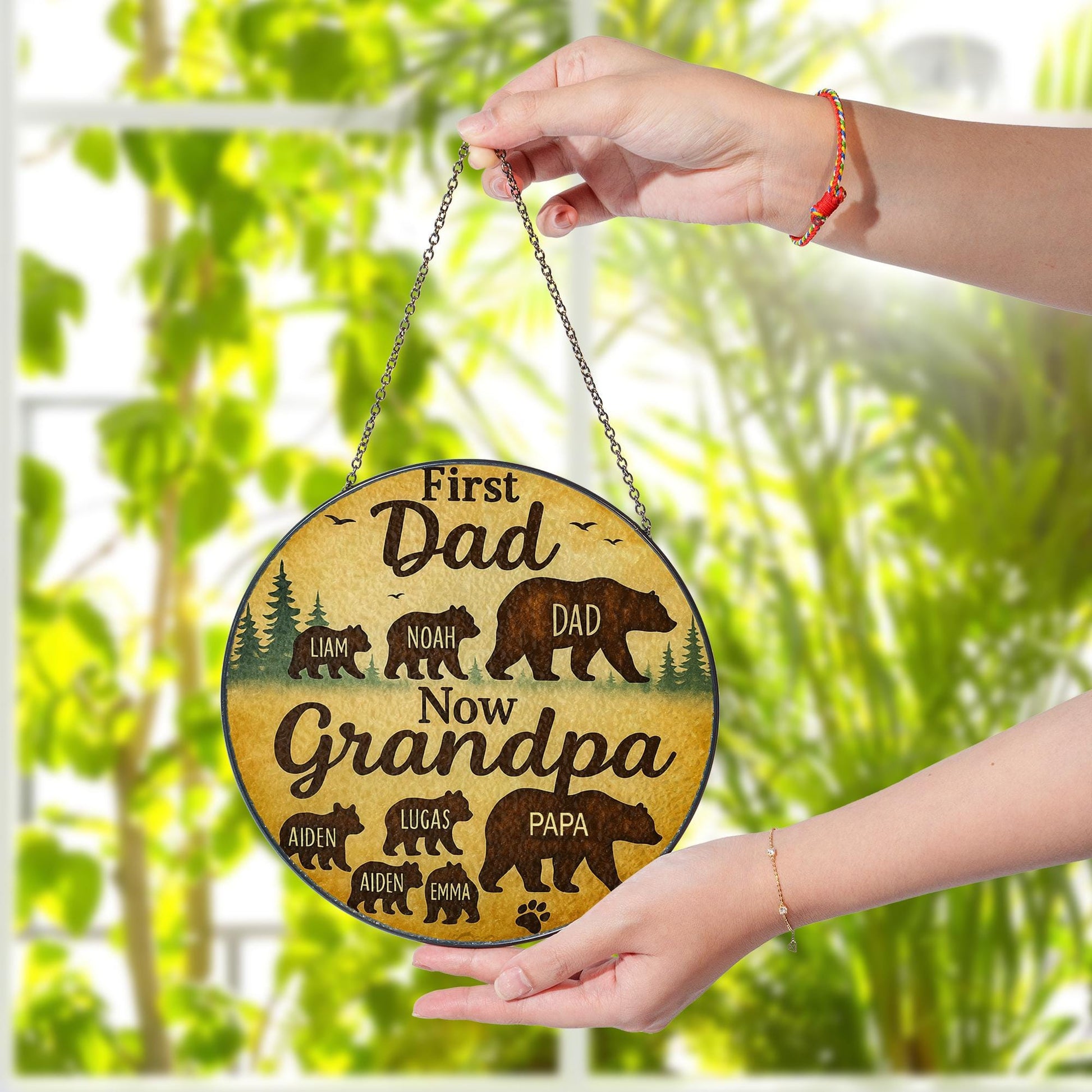 Custom Glass Suncatcher for Grandpa | First Dad Now Grandpa | Personalized Family Bear Design | Father's Day Gift | Grandpa Keepsake