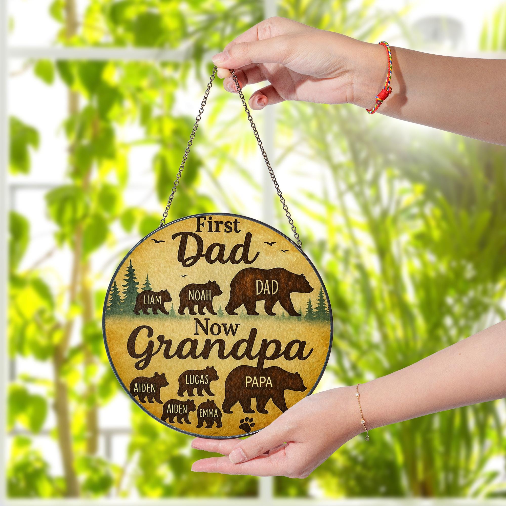 Custom Glass Suncatcher for Grandpa | First Dad Now Grandpa | Personalized Family Bear Design | Father's Day Gift | Grandpa Keepsake