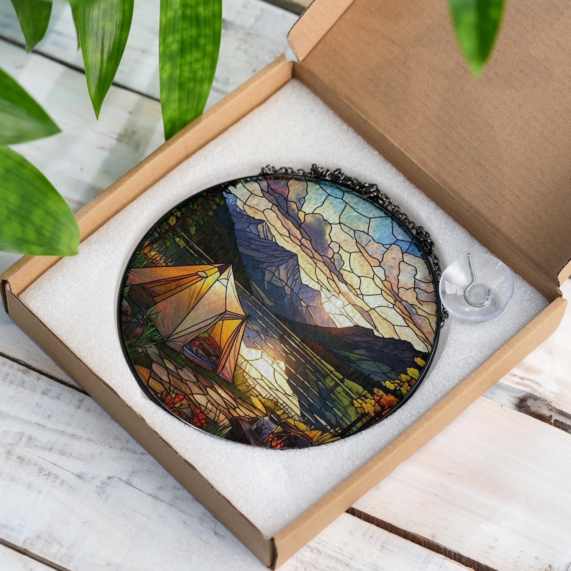 Camping Tent on the River Glass Suncatcher – Outdoor Adventure Decor, Nature Lover Art, Gift for Hikers, River Scene Window Decoration