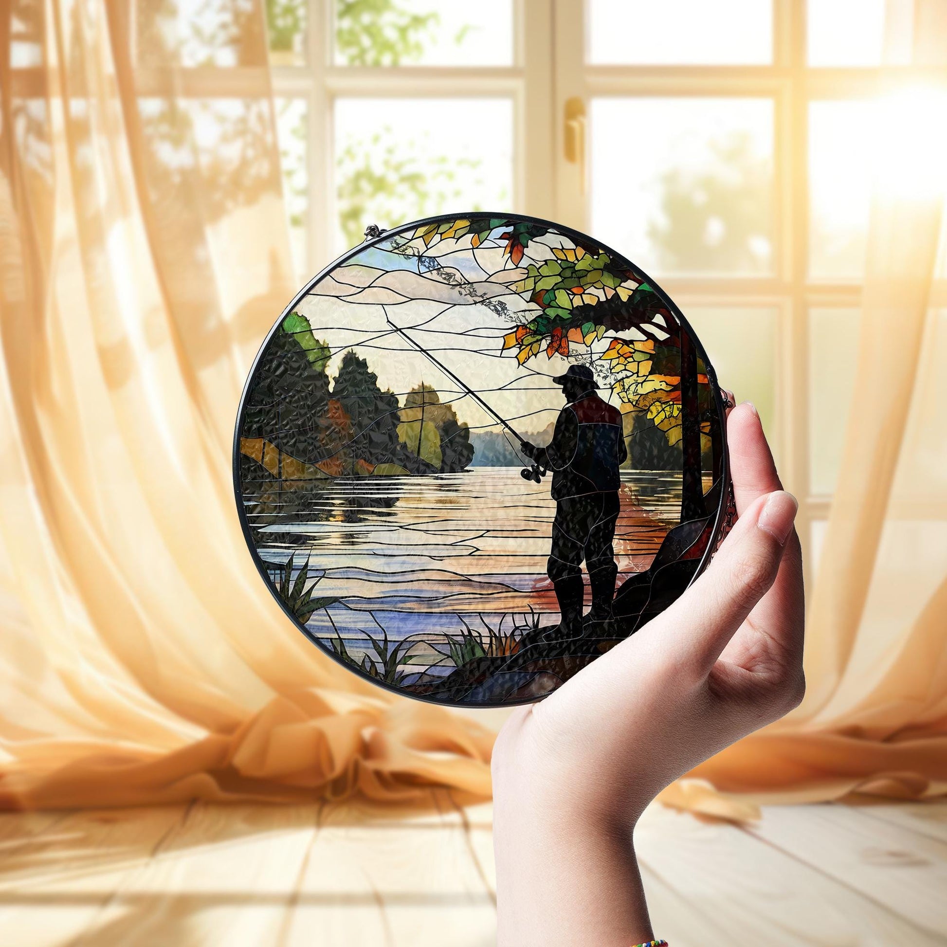 Dad Fishing on the River Glass Suncatcher – Father’s Day Gift, Outdoor Decor, Nature Lover Art, River Scene Window Hanging, Dad Gift Idea