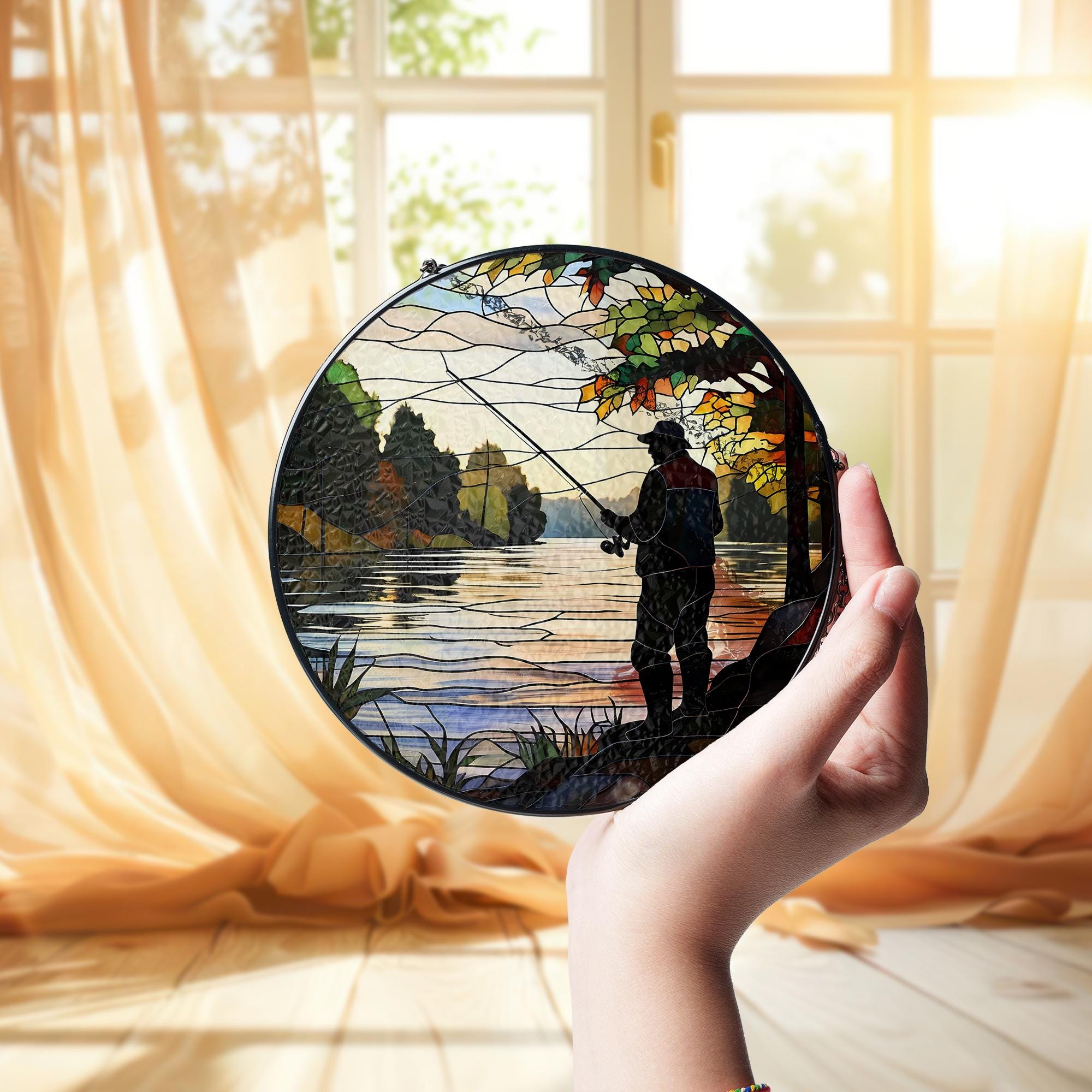 Dad Fishing on the River Glass Suncatcher – Father’s Day Gift, Outdoor Decor, Nature Lover Art, River Scene Window Hanging, Dad Gift Idea