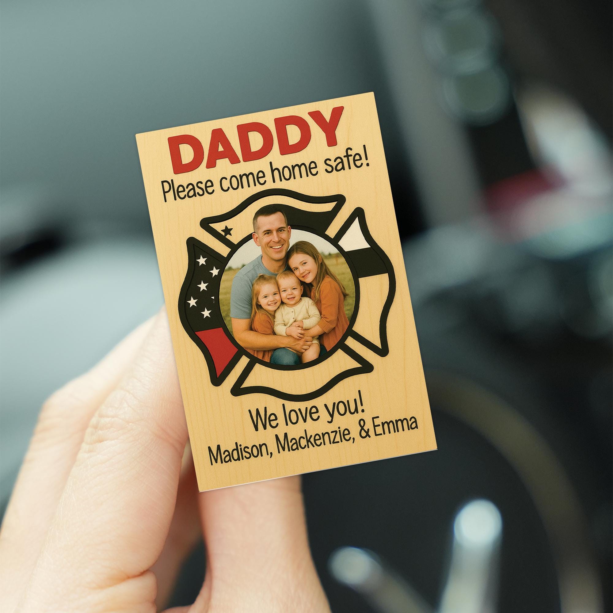 Custom Firefighter Dad Visor Clip | Personalized Family Photo | Daddy Please Come Home Safe | Firefighter Car Accessory | Father's Day Gift