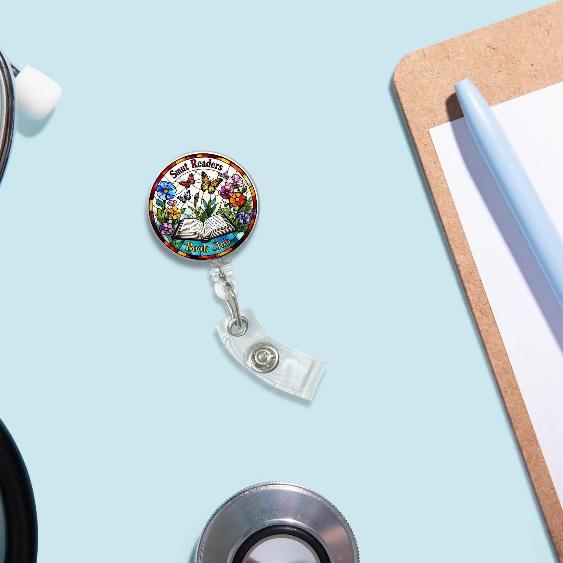 Smut Readers Book Club Badge Reel, Floral Butterfly Design, Book Lover Gift, Retractable ID Holder, Nurse Teacher Librarian Badge