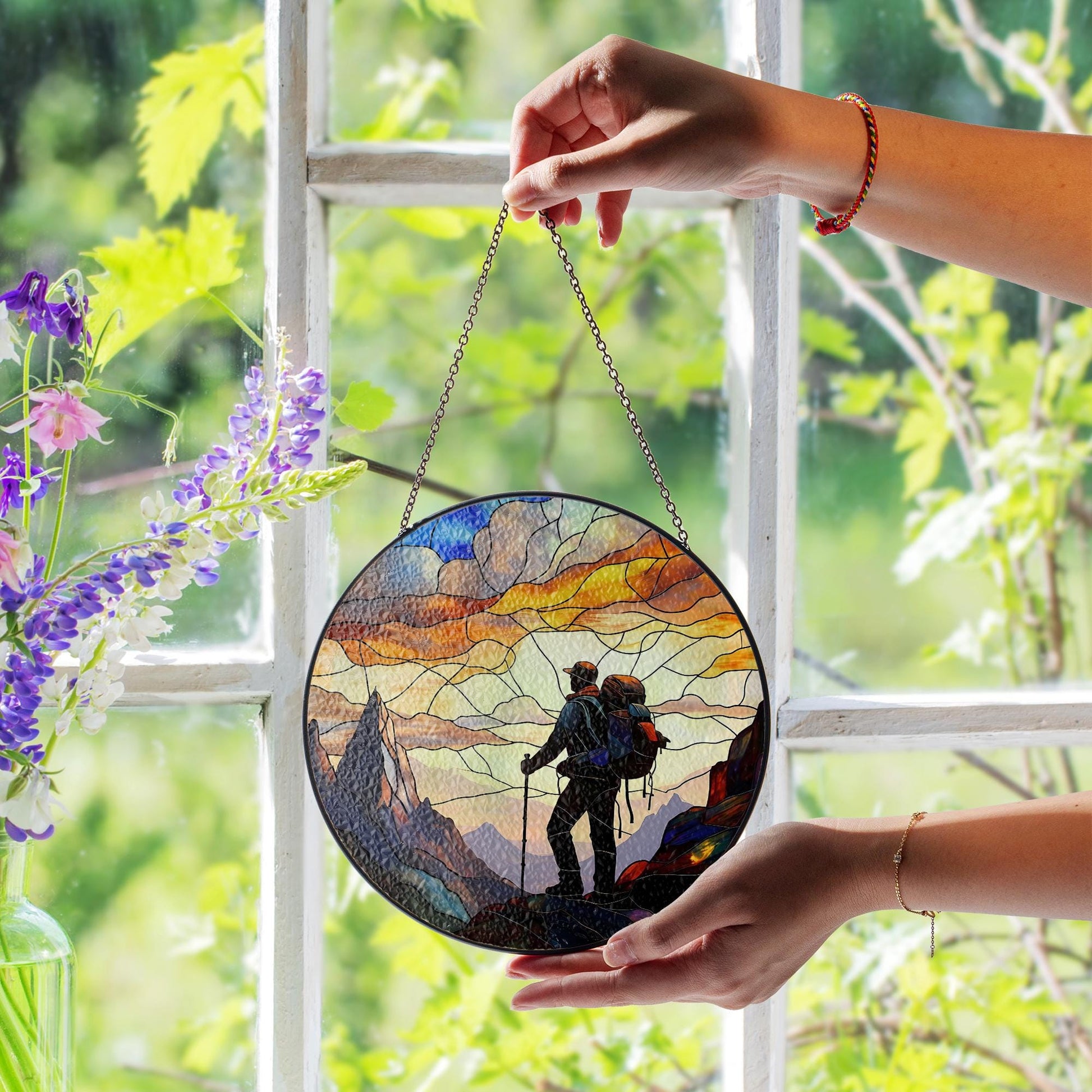 Dad Hiking Glass Suncatcher – Father’s Day Gift, Outdoor Lover Decor, Nature Window Hanging, Gift for Hiking Dad, Rustic Home Art