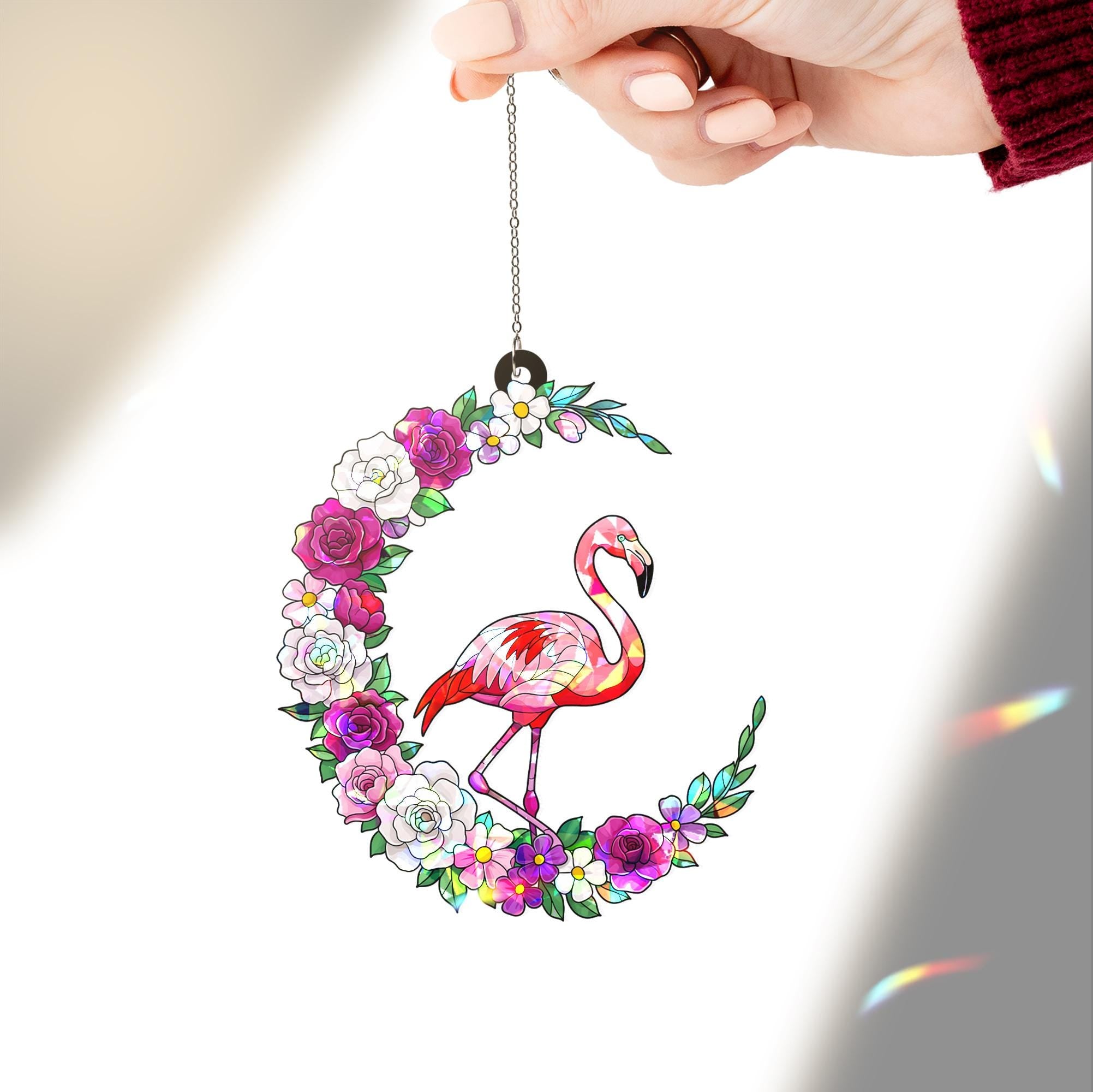 Flamingo Flower Crescent Moon Hologram ACRYLIC Window Hanging, Iridescent Tropical Bird Decor, Tropical Animal Decor, Boho Window Art Gift