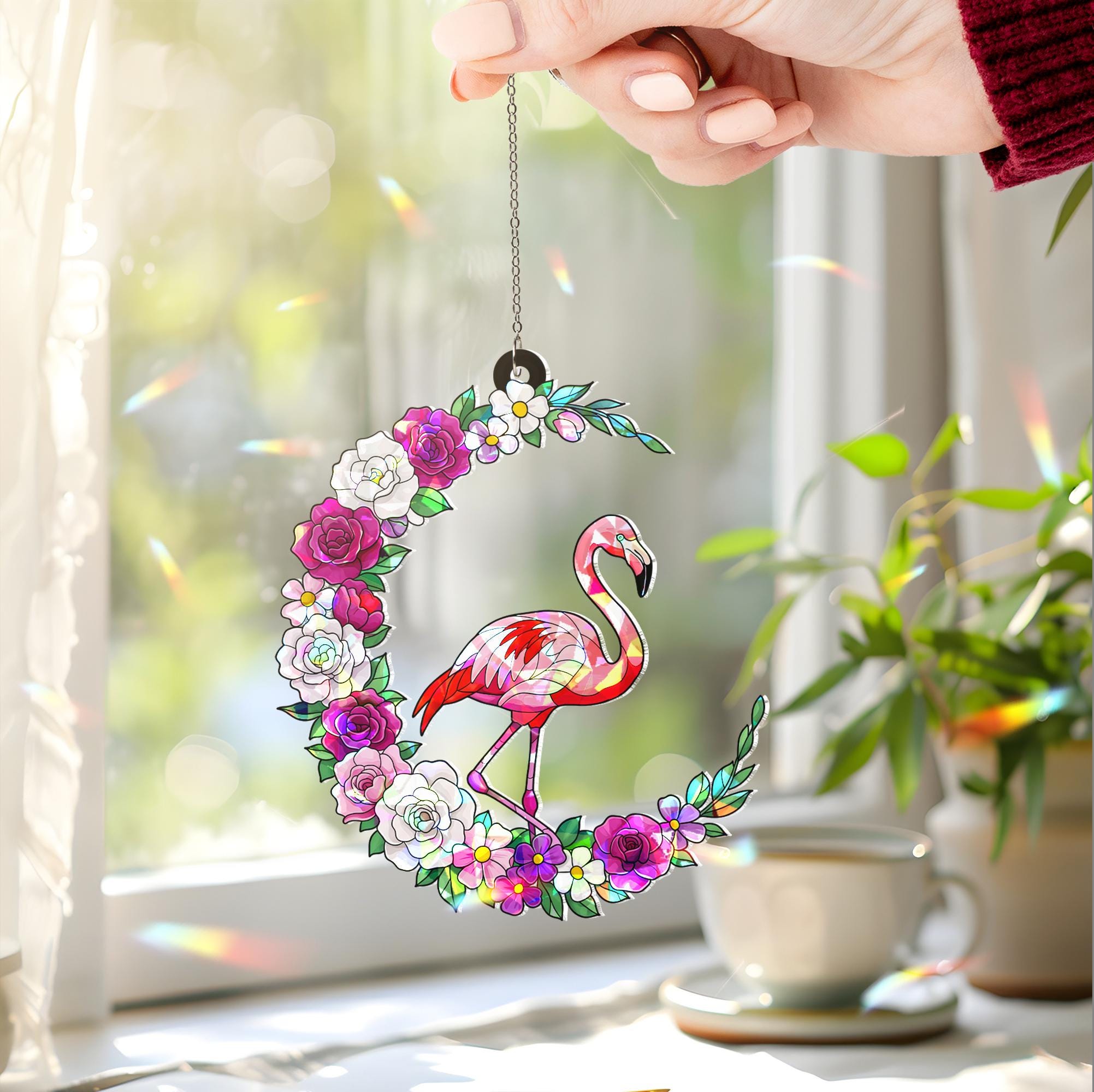 Flamingo Flower Crescent Moon Hologram ACRYLIC Window Hanging, Iridescent Tropical Bird Decor, Tropical Animal Decor, Boho Window Art Gift