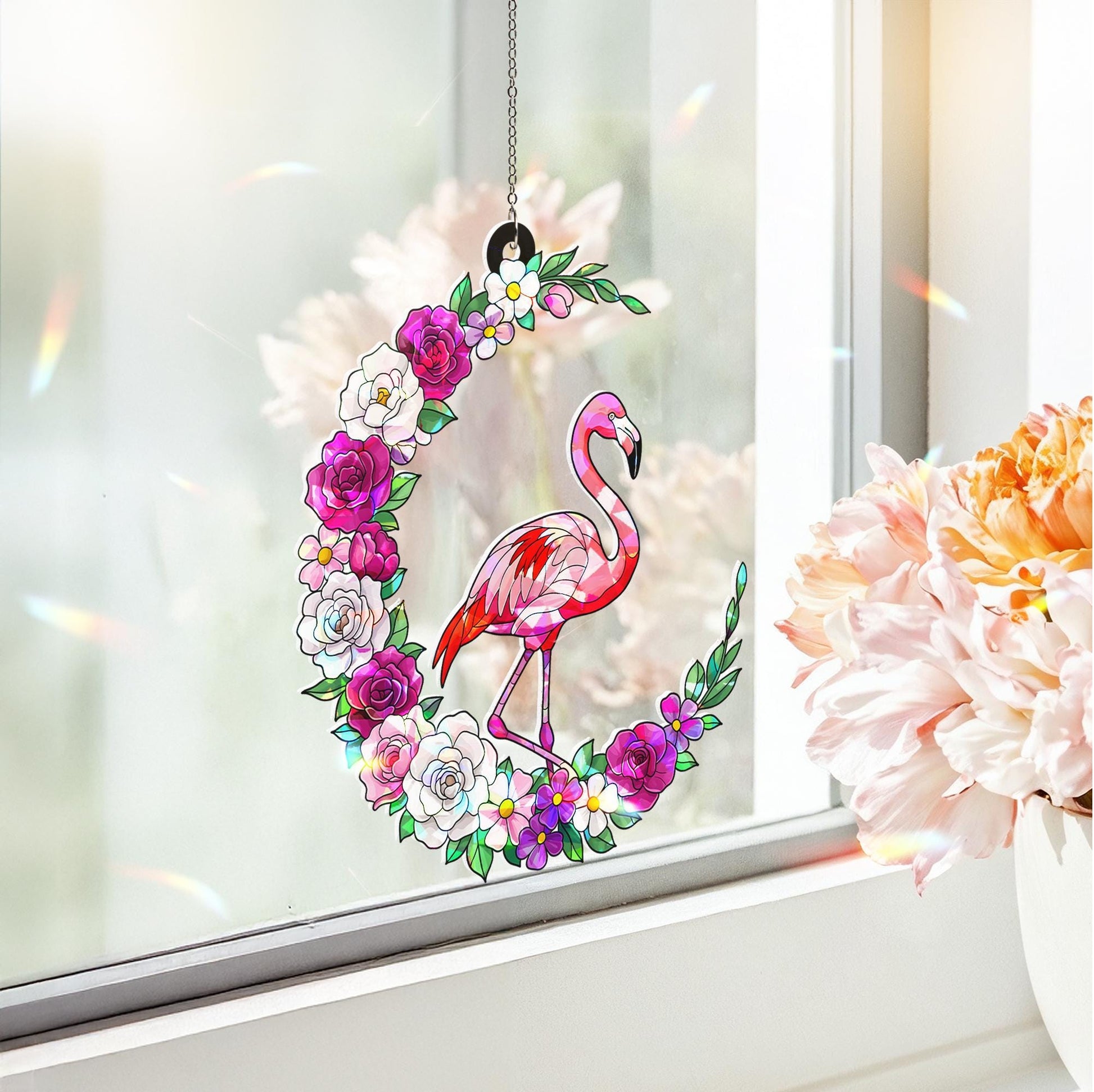Flamingo Flower Crescent Moon Hologram ACRYLIC Window Hanging, Iridescent Tropical Bird Decor, Tropical Animal Decor, Boho Window Art Gift