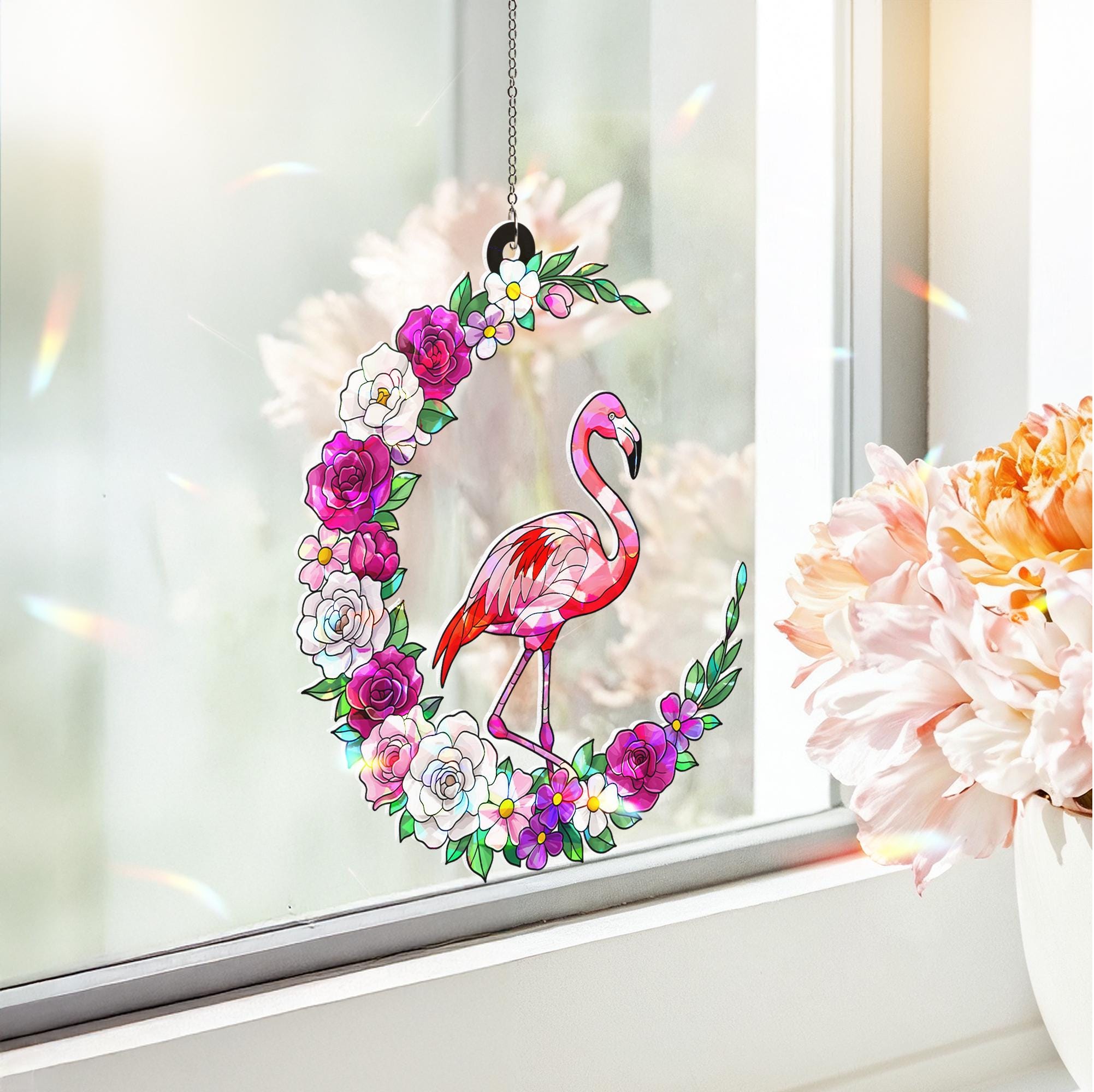 Flamingo Flower Crescent Moon Hologram ACRYLIC Window Hanging, Iridescent Tropical Bird Decor, Tropical Animal Decor, Boho Window Art Gift