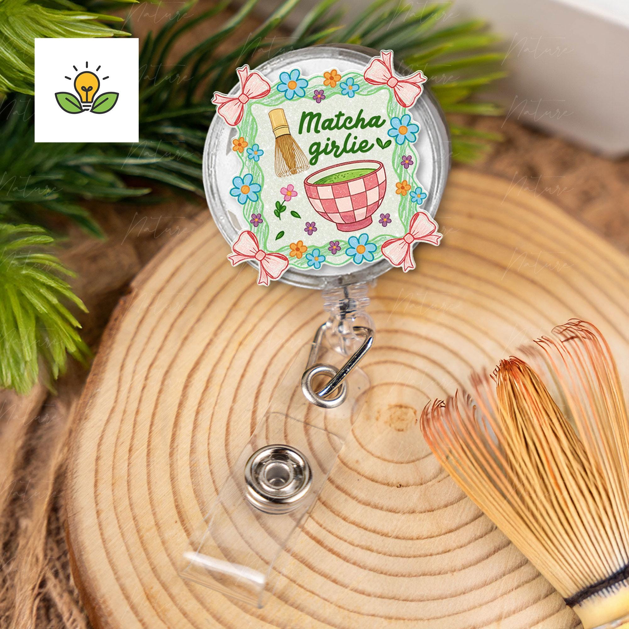 Matcha Girlie Retractable Badge Reel, Cute Floral ID Holder, Kawaii Tea Lover Accessory, Nurse Teacher Student Gift, Office ID Badge Clip